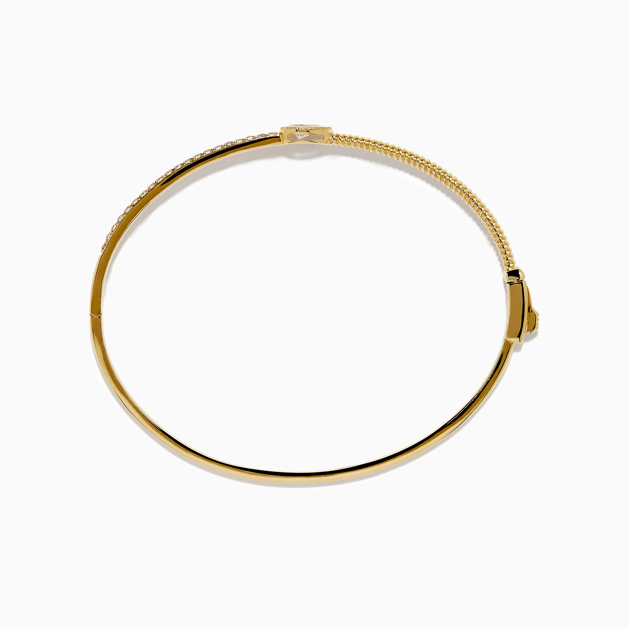 The D'Oro 14K Yellow Gold Pear Bezel Diamond Bangle showcases a row of small diamonds and a central pear bezel-set gem, all elegantly displayed against a plain white background.