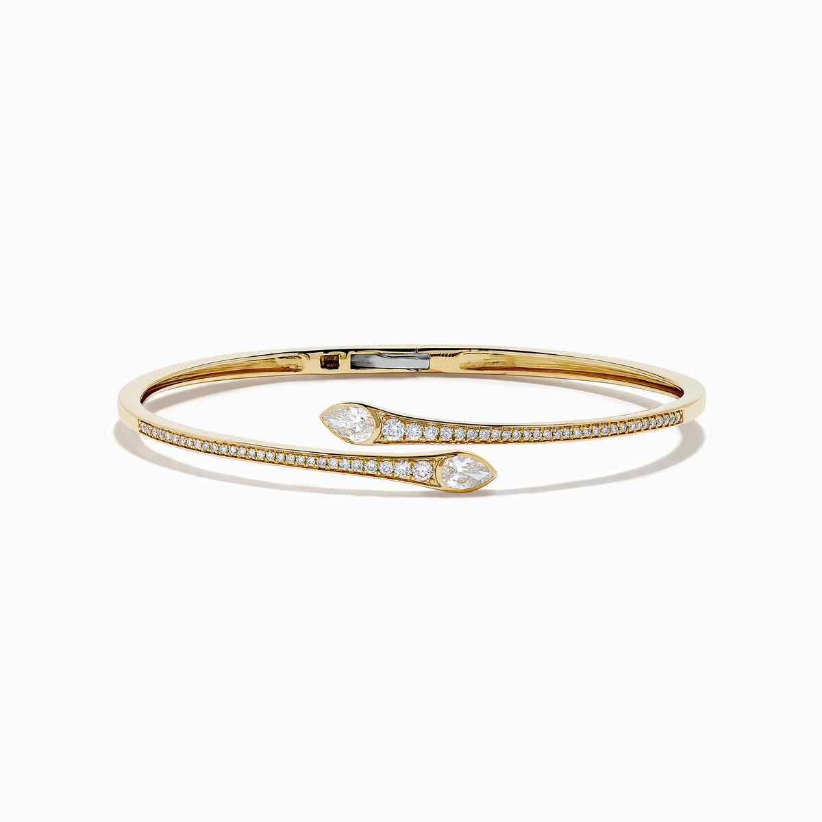 The D'Oro 14k Yellow Gold Diamond Bypass Bangle showcases two overlapping ends tipped with pear-shaped diamonds and a band lined with small round diamonds.