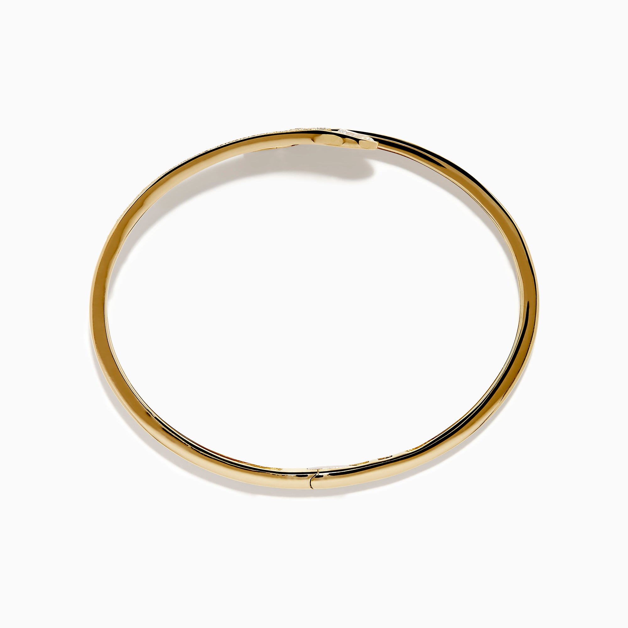 The D'Oro 14k Yellow Gold Diamond Bypass Bangle showcases two overlapping ends tipped with pear-shaped diamonds and a band lined with small round diamonds.