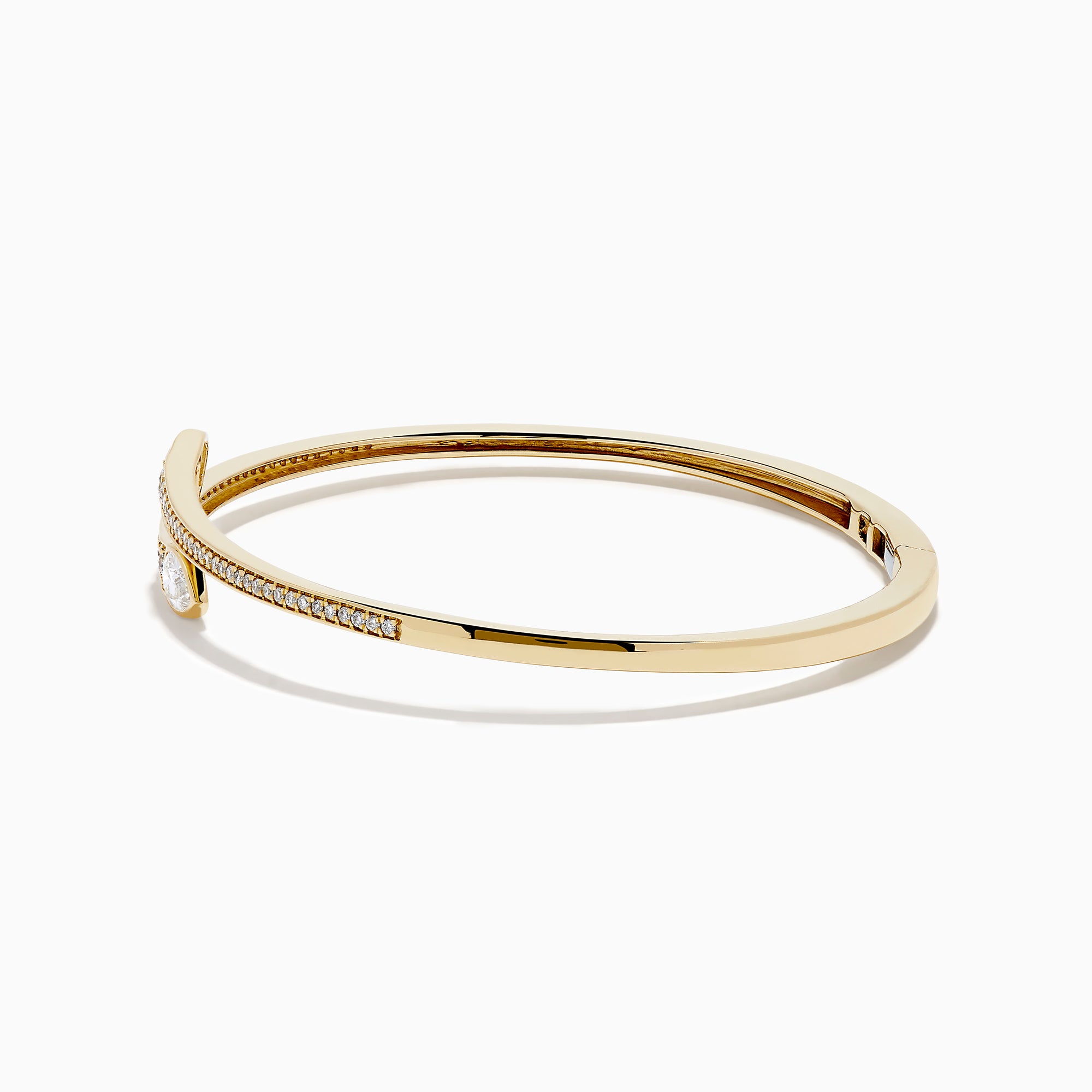 The D'Oro 14k Yellow Gold Diamond Bypass Bangle showcases two overlapping ends tipped with pear-shaped diamonds and a band lined with small round diamonds.