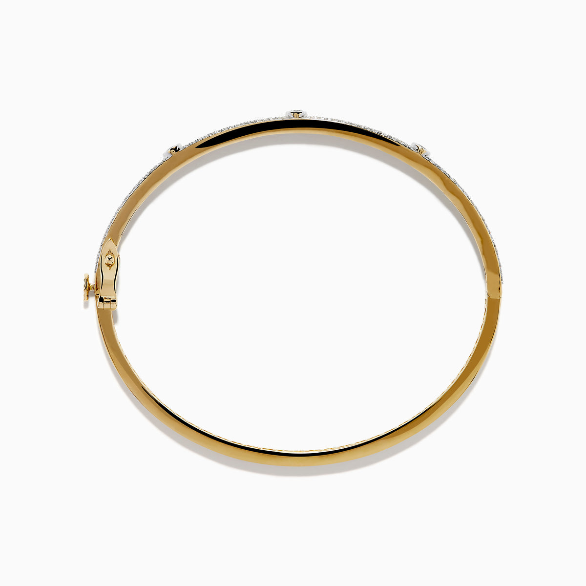 The DOro 14K Yellow Gold Diamond Bangle showcases a honeycomb interior and three large round diamonds set among smaller diamonds on its exterior.