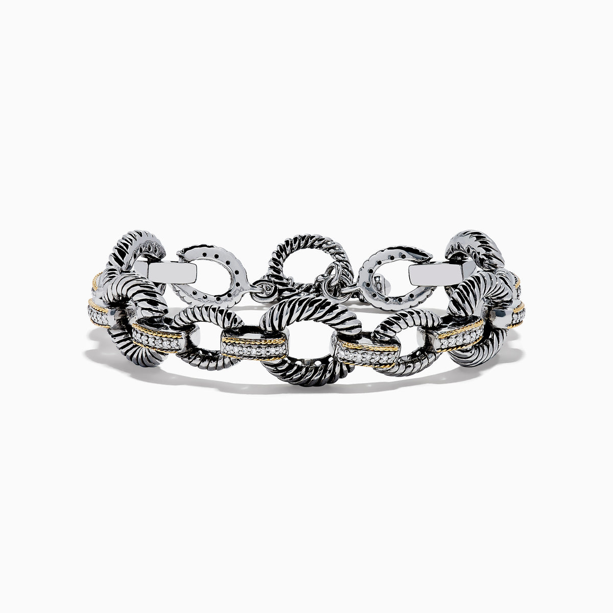The 925 Sterling Silver Two Tone 18K Yellow Gold Textured Link Diamond Bracelet features twisted, textured links with small gold accents and alternating patterns, displayed against a white background.
