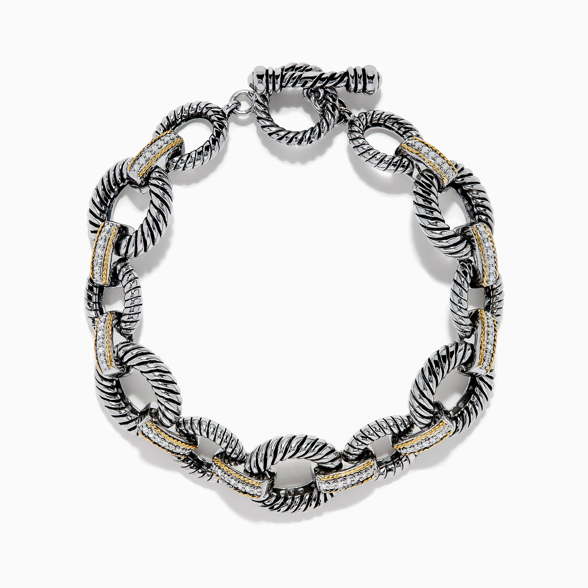 The 925 Sterling Silver Two Tone 18K Yellow Gold Textured Link Diamond Bracelet features twisted, textured links with small gold accents and alternating patterns, displayed against a white background.