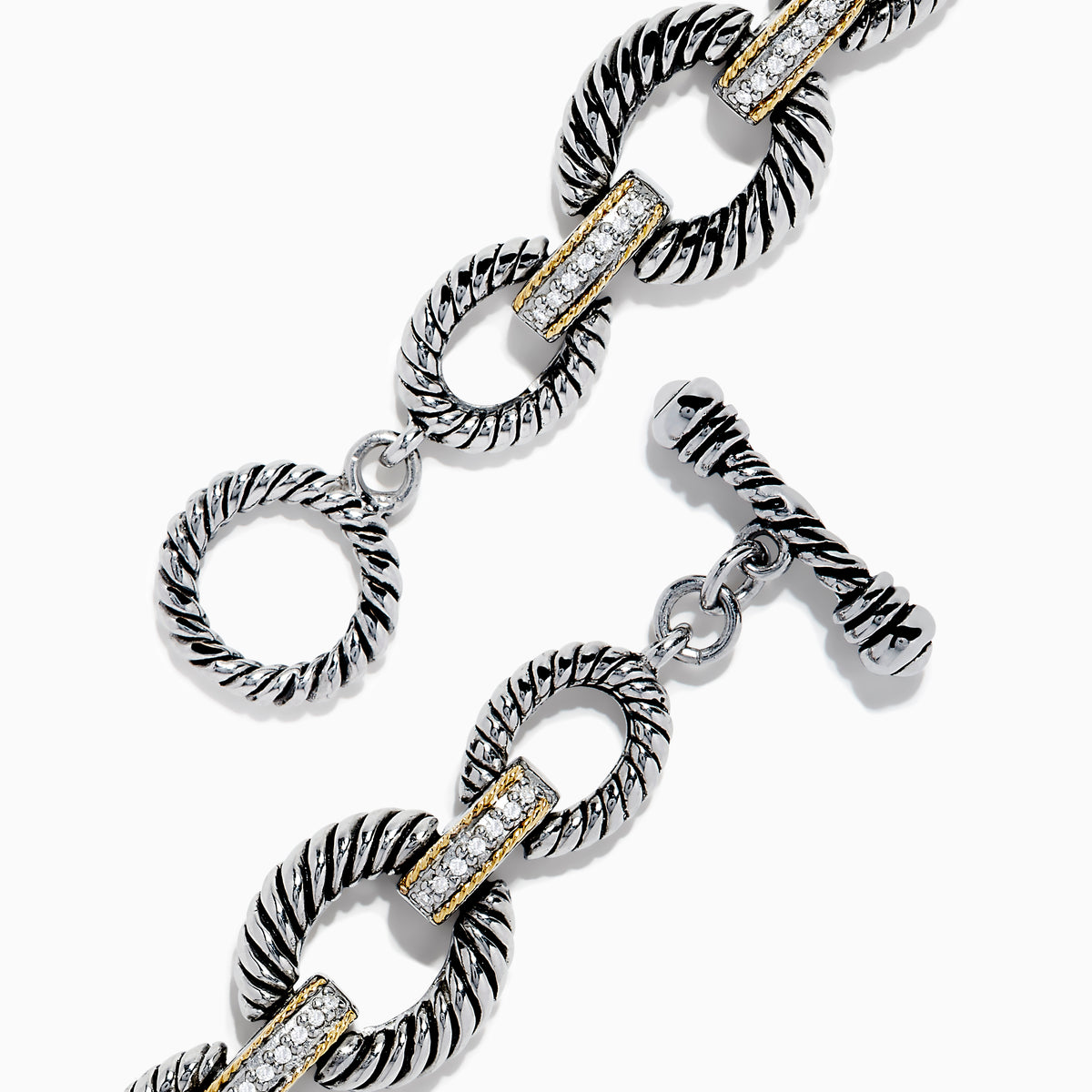 The 925 Sterling Silver Two Tone 18K Yellow Gold Textured Link Diamond Bracelet features twisted, textured links with small gold accents and alternating patterns, displayed against a white background.