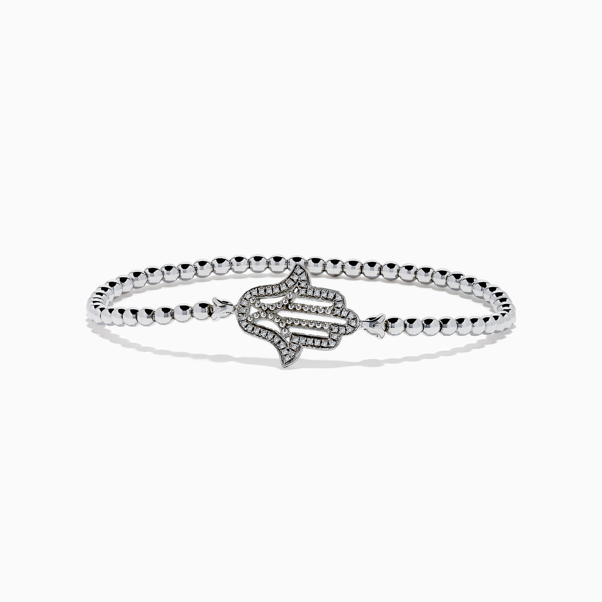 The 925 Sterling Silver Diamond Beaded Stretchy Hamsa Bracelet features a sparkling Hamsa hand charm and is elegantly displayed on a plain white background.