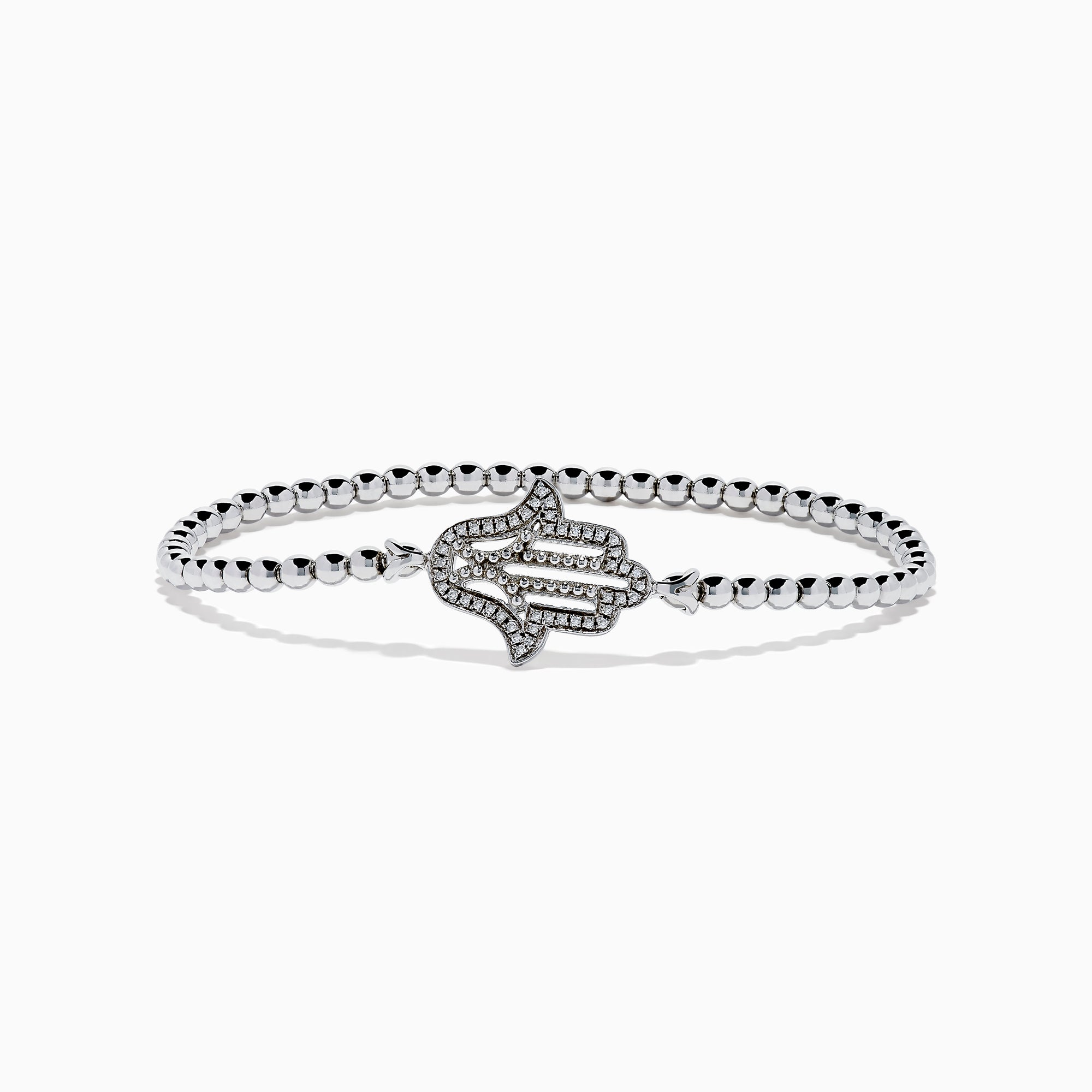 The 925 Sterling Silver Diamond Beaded Stretchy Hamsa Bracelet features a sparkling Hamsa hand charm and is elegantly displayed on a plain white background.