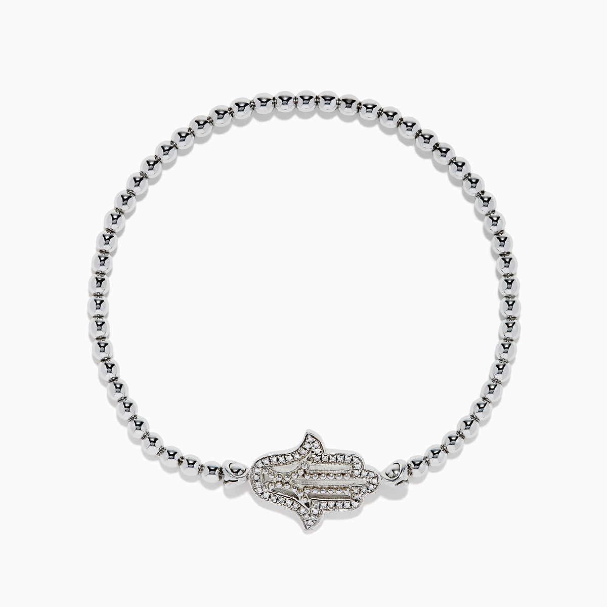 The 925 Sterling Silver Diamond Beaded Stretchy Hamsa Bracelet features a sparkling Hamsa hand charm and is elegantly displayed on a plain white background.