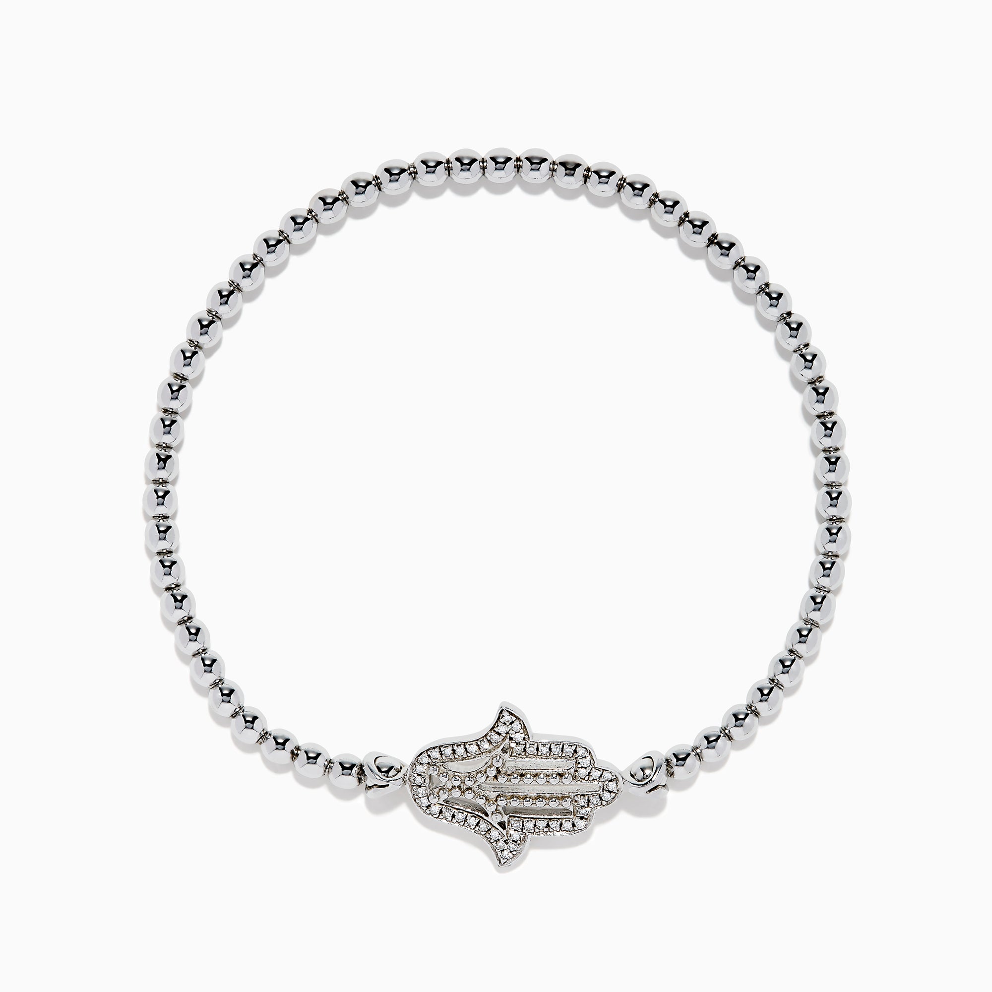 The 925 Sterling Silver Diamond Beaded Stretchy Hamsa Bracelet features a sparkling Hamsa hand charm and is elegantly displayed on a plain white background.