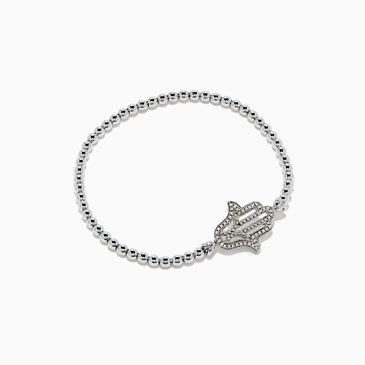 The 925 Sterling Silver Diamond Beaded Stretchy Hamsa Bracelet features a sparkling Hamsa hand charm and is elegantly displayed on a plain white background.