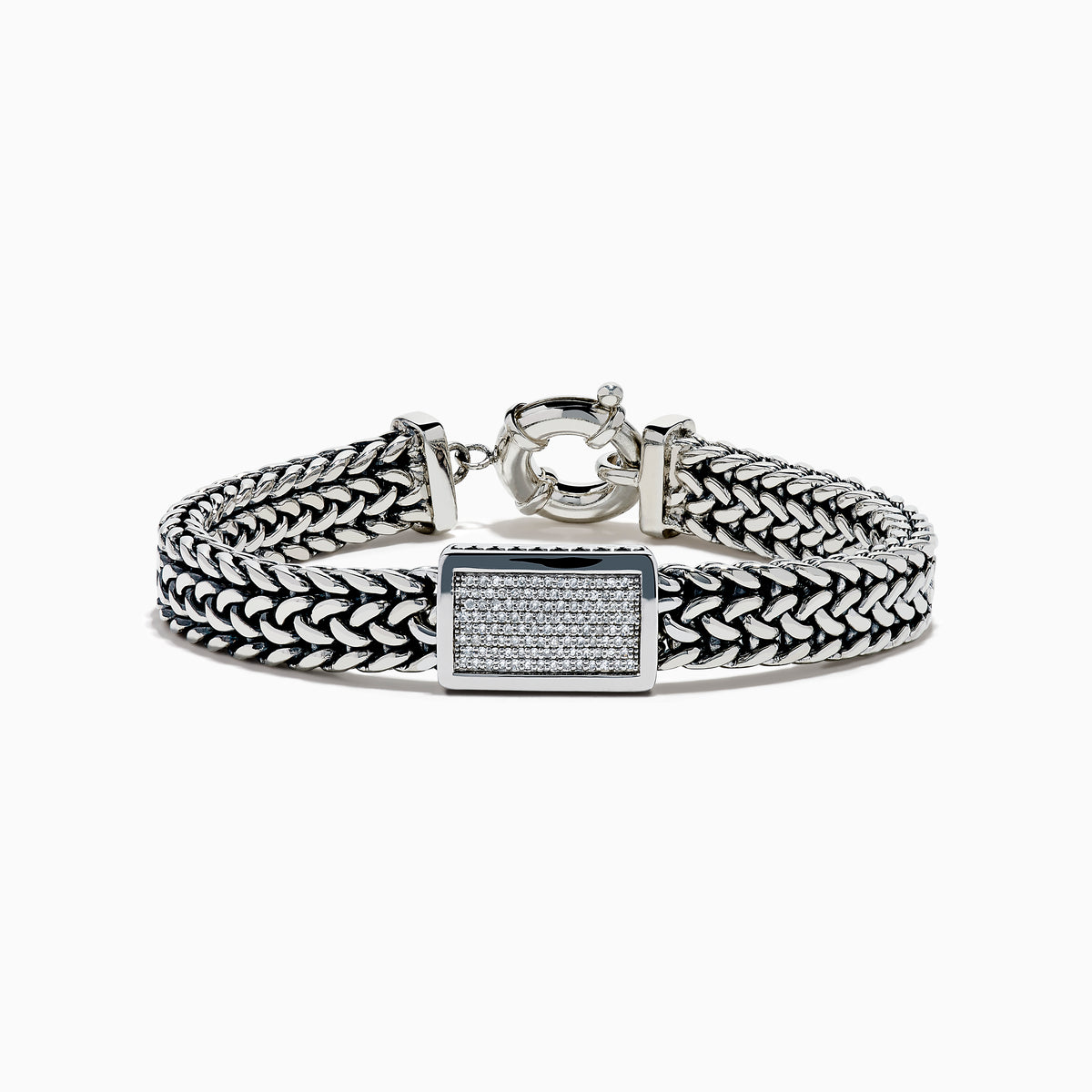 The Men's 925 Sterling Silver Chain-Link Diamond Bracelet features a woven silver design, a rectangular diamond-studded centerpiece, and a round clasp, displayed on a white background.