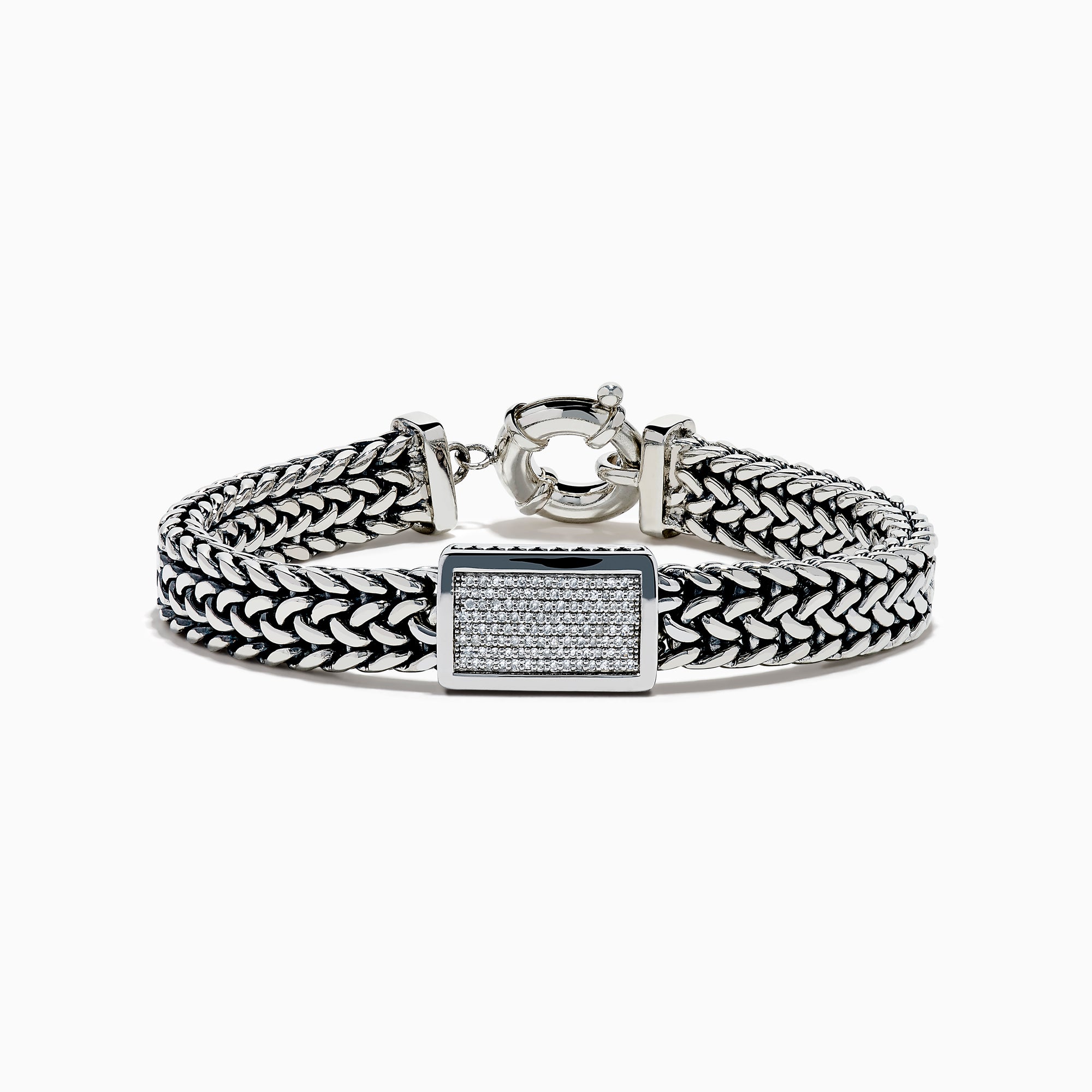 The Men's 925 Sterling Silver Chain-Link Diamond Bracelet features a woven silver design, a rectangular diamond-studded centerpiece, and a round clasp, displayed on a white background.
