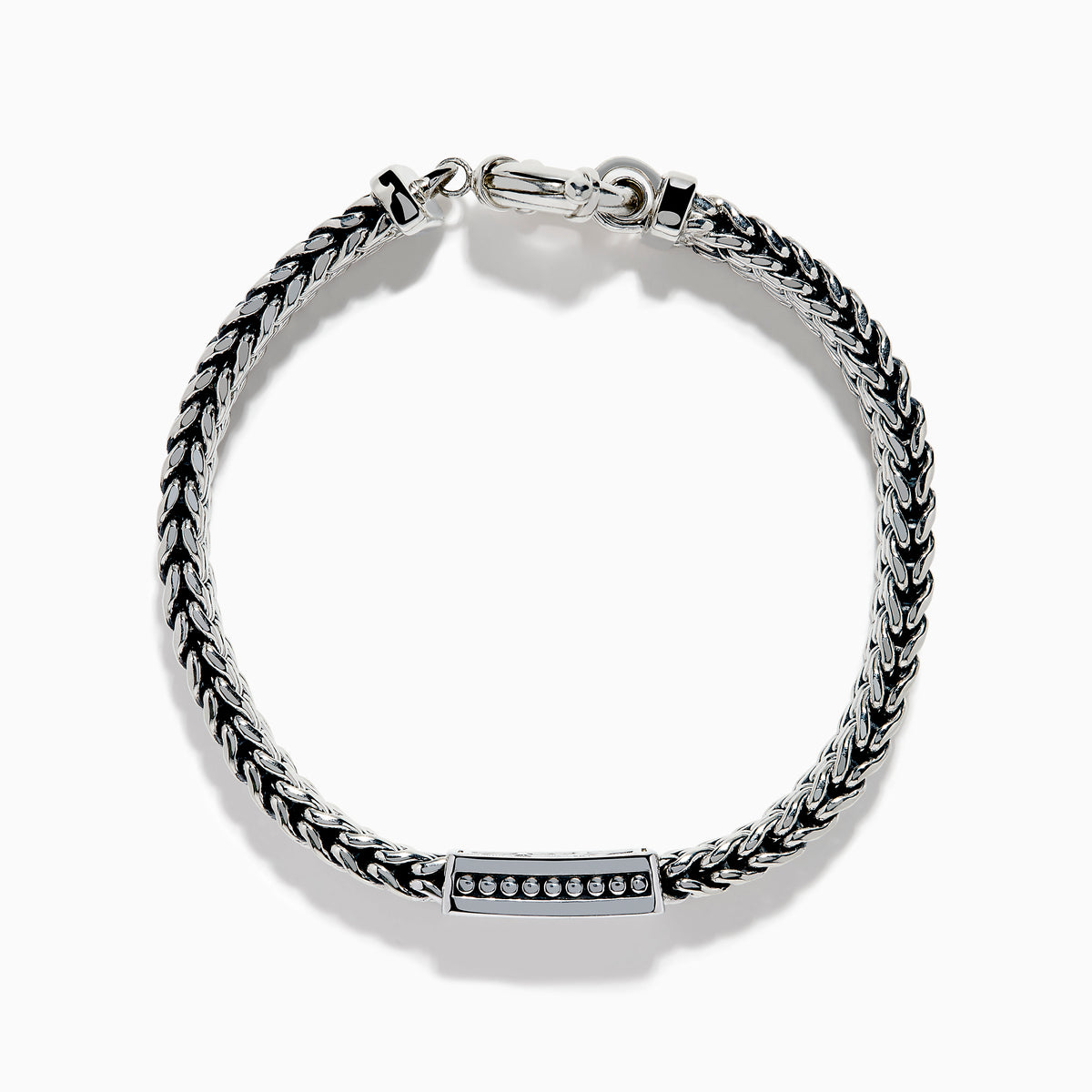 The Men's 925 Sterling Silver Chain-Link Diamond Bracelet features a woven silver design, a rectangular diamond-studded centerpiece, and a round clasp, displayed on a white background.