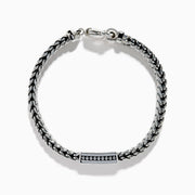 The Men's 925 Sterling Silver Chain-Link Diamond Bracelet features a woven silver design, a rectangular diamond-studded centerpiece, and a round clasp, displayed on a white background.