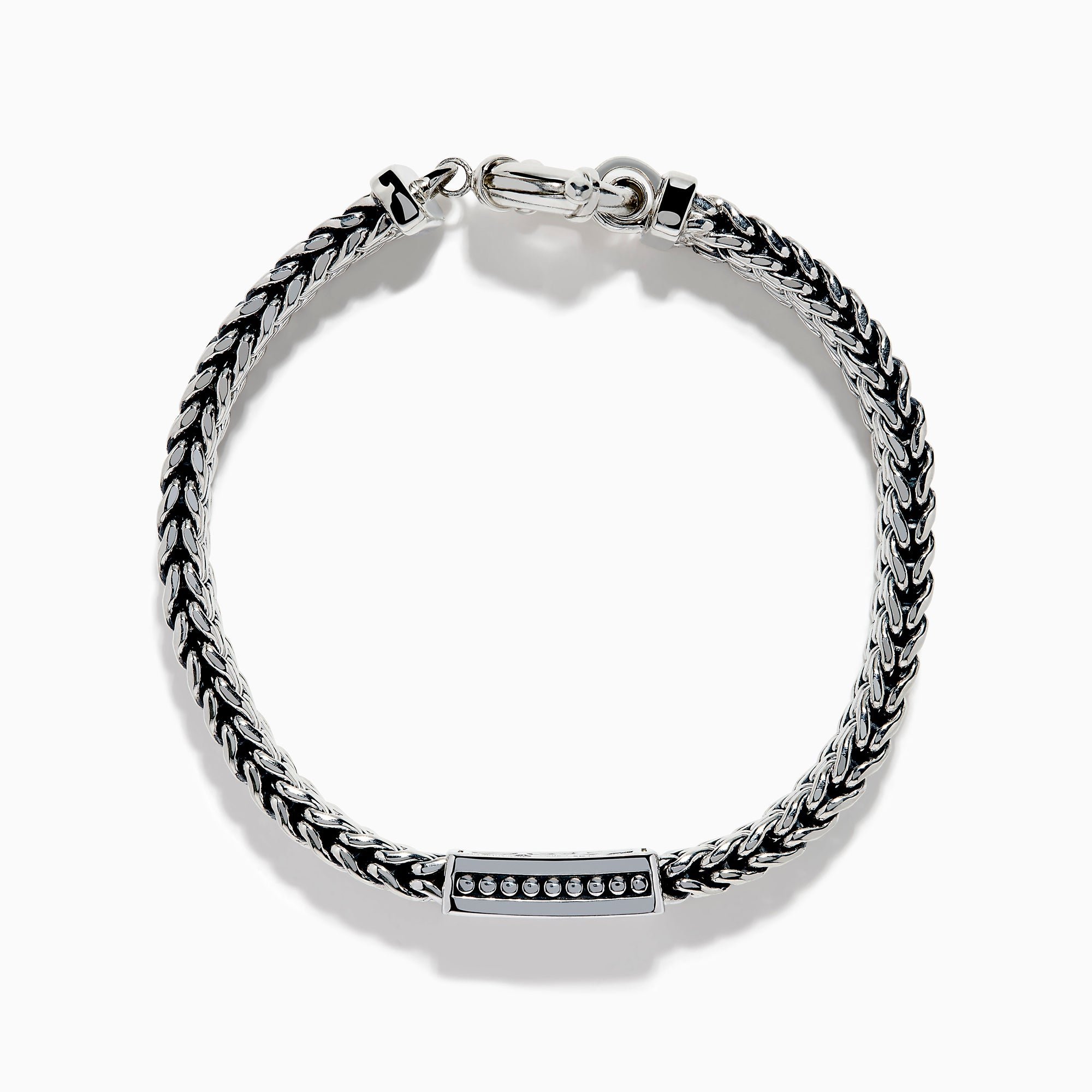 The Men's 925 Sterling Silver Chain-Link Diamond Bracelet features a woven silver design, a rectangular diamond-studded centerpiece, and a round clasp, displayed on a white background.