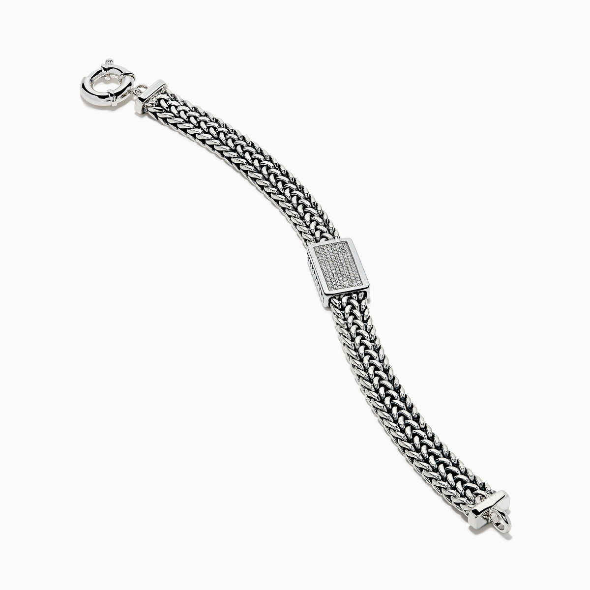 The Men's 925 Sterling Silver Chain-Link Diamond Bracelet features a woven silver design, a rectangular diamond-studded centerpiece, and a round clasp, displayed on a white background.