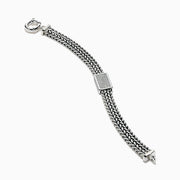 The Men's 925 Sterling Silver Chain-Link Diamond Bracelet features a woven silver design, a rectangular diamond-studded centerpiece, and a round clasp, displayed on a white background.