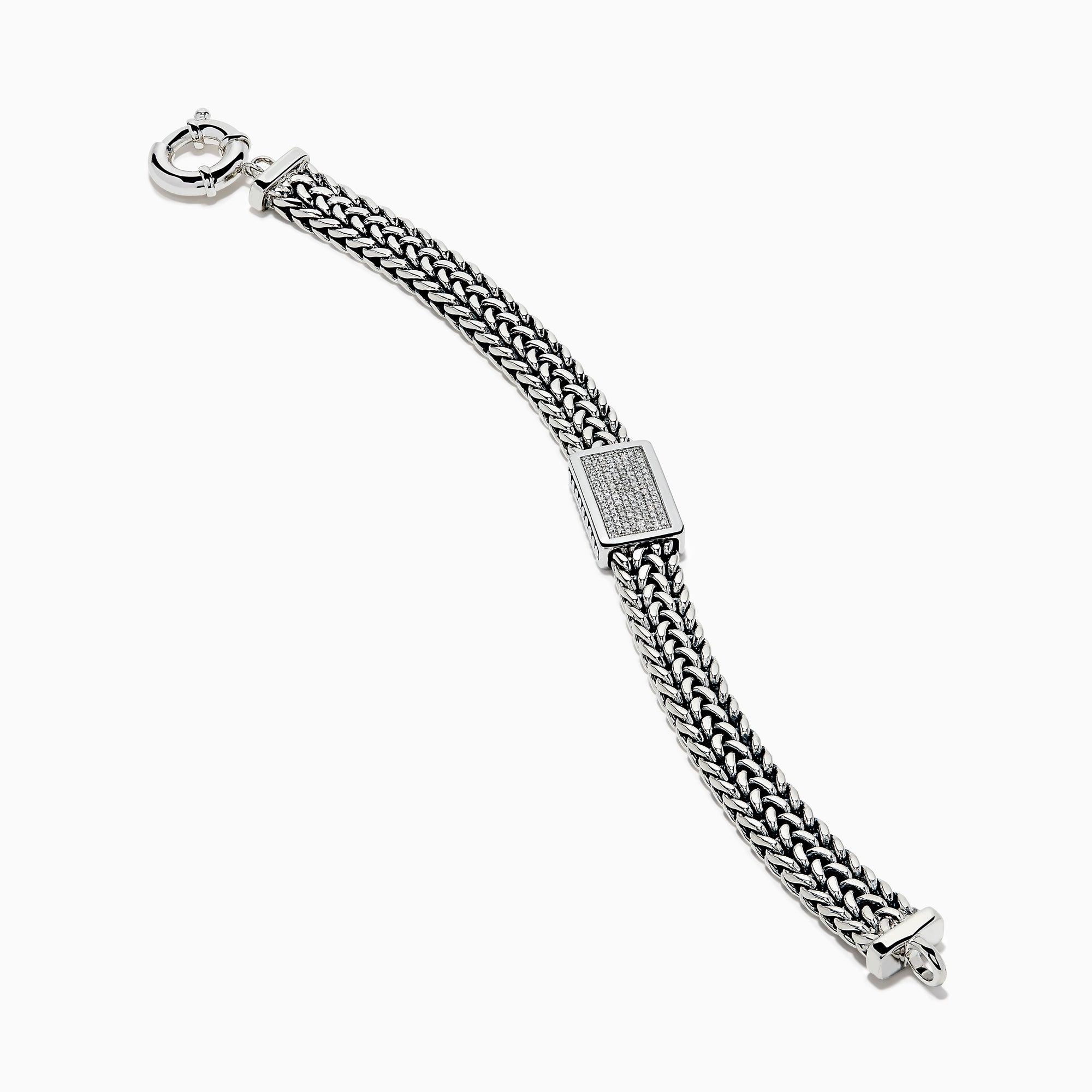 The Men's 925 Sterling Silver Chain-Link Diamond Bracelet features a woven silver design, a rectangular diamond-studded centerpiece, and a round clasp, displayed on a white background.