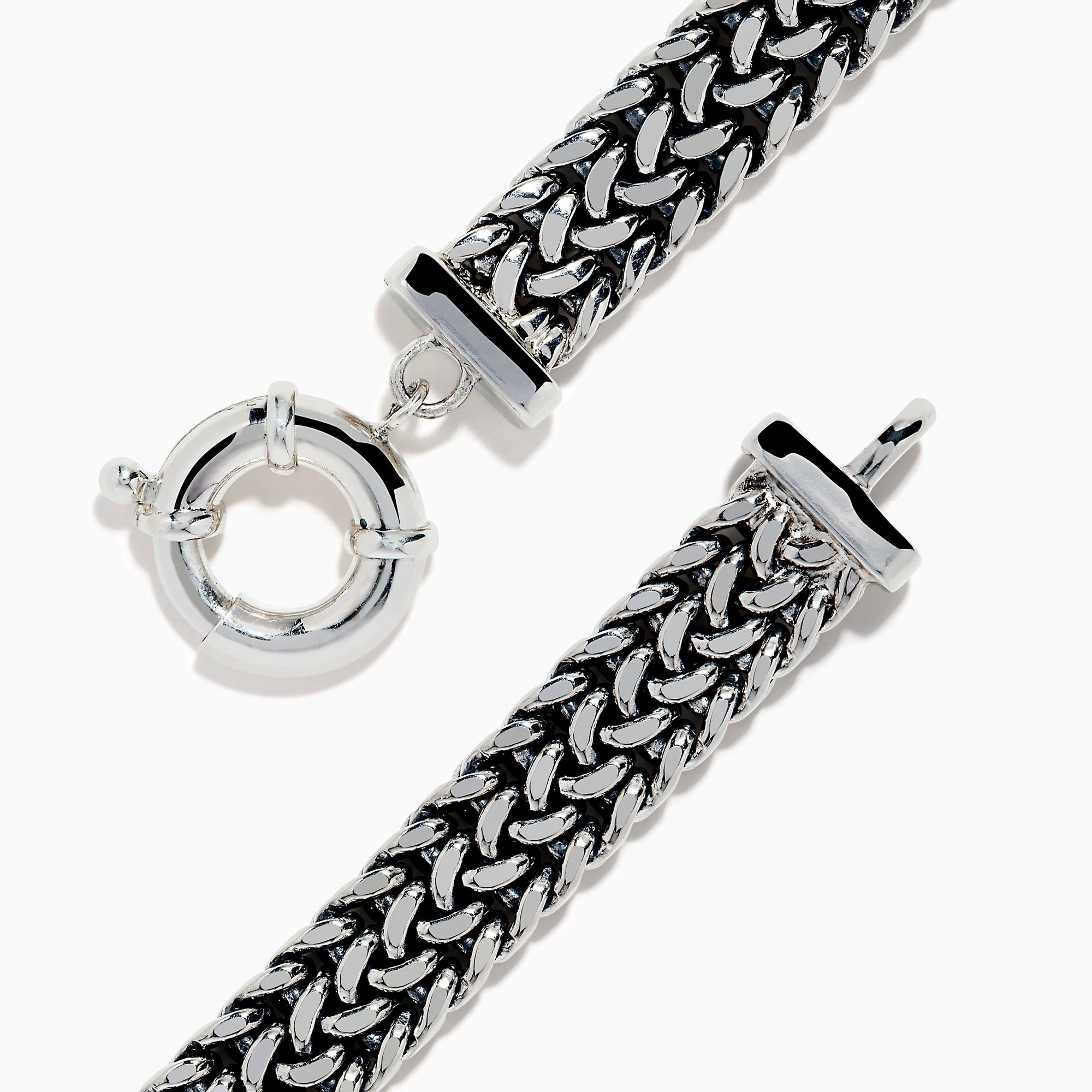 The Men's 925 Sterling Silver Chain-Link Diamond Bracelet features a woven silver design, a rectangular diamond-studded centerpiece, and a round clasp, displayed on a white background.