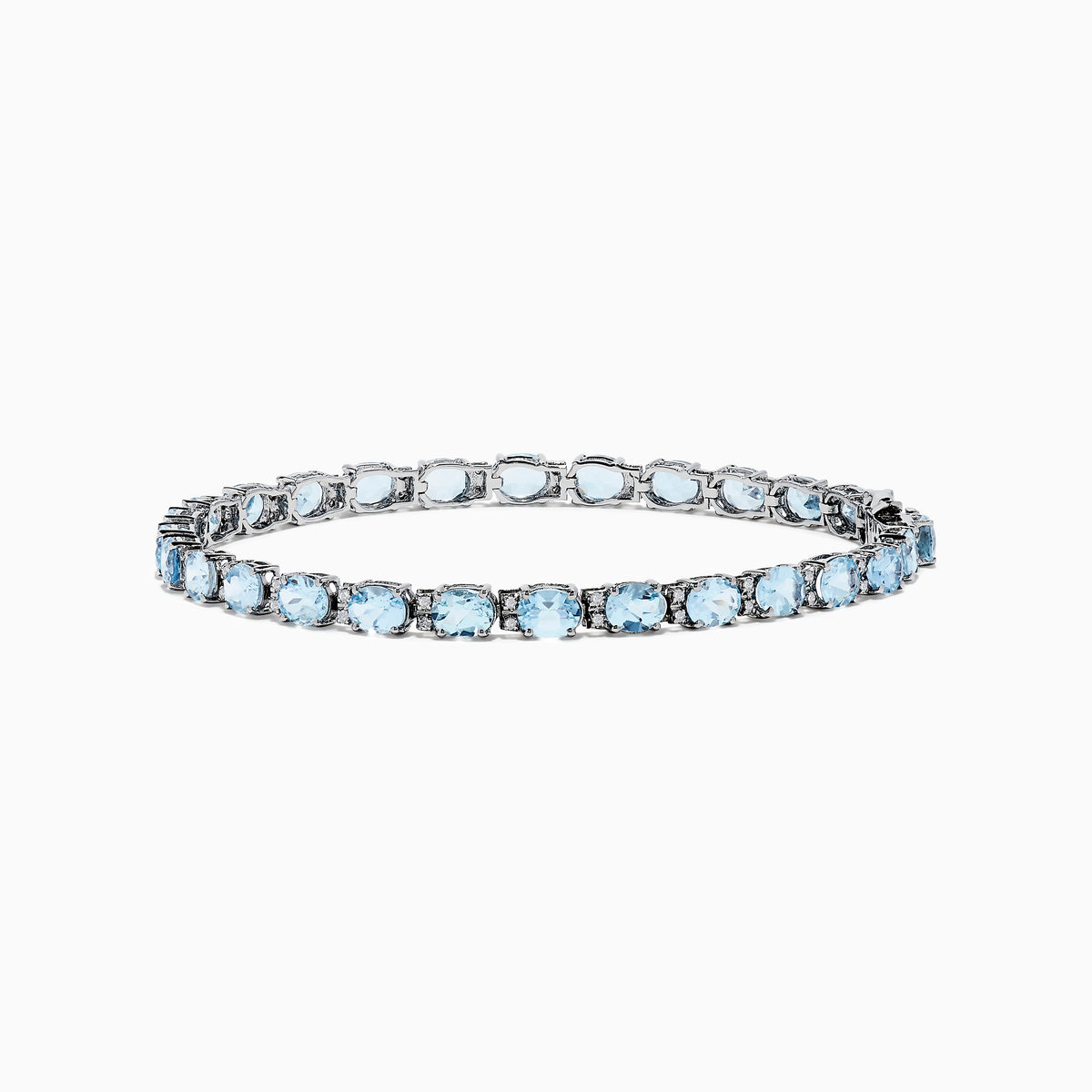 The Aquarius 14K White Gold Aquamarine Tennis Bracelet 8.23 TCW showcases a continuous row of round, light blue aquamarines in individual prong settings for timeless elegance.