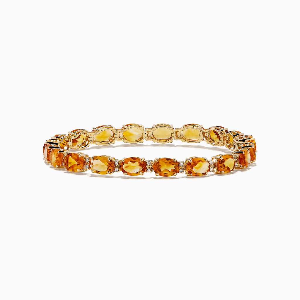 The Sunset 14K Yellow Gold Citrine Tennis Bracelet 19.15 TCW features round, faceted yellow and orange gemstones in an alternating pattern, shown on a white background.