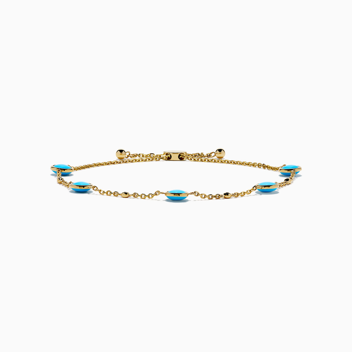 The 14K Yellow Gold Turquoise and Diamond Station Bolo Bracelet features evenly spaced round turquoise stones and sparkling diamonds, finished with an adjustable sliding clasp adorned with small gold beads.