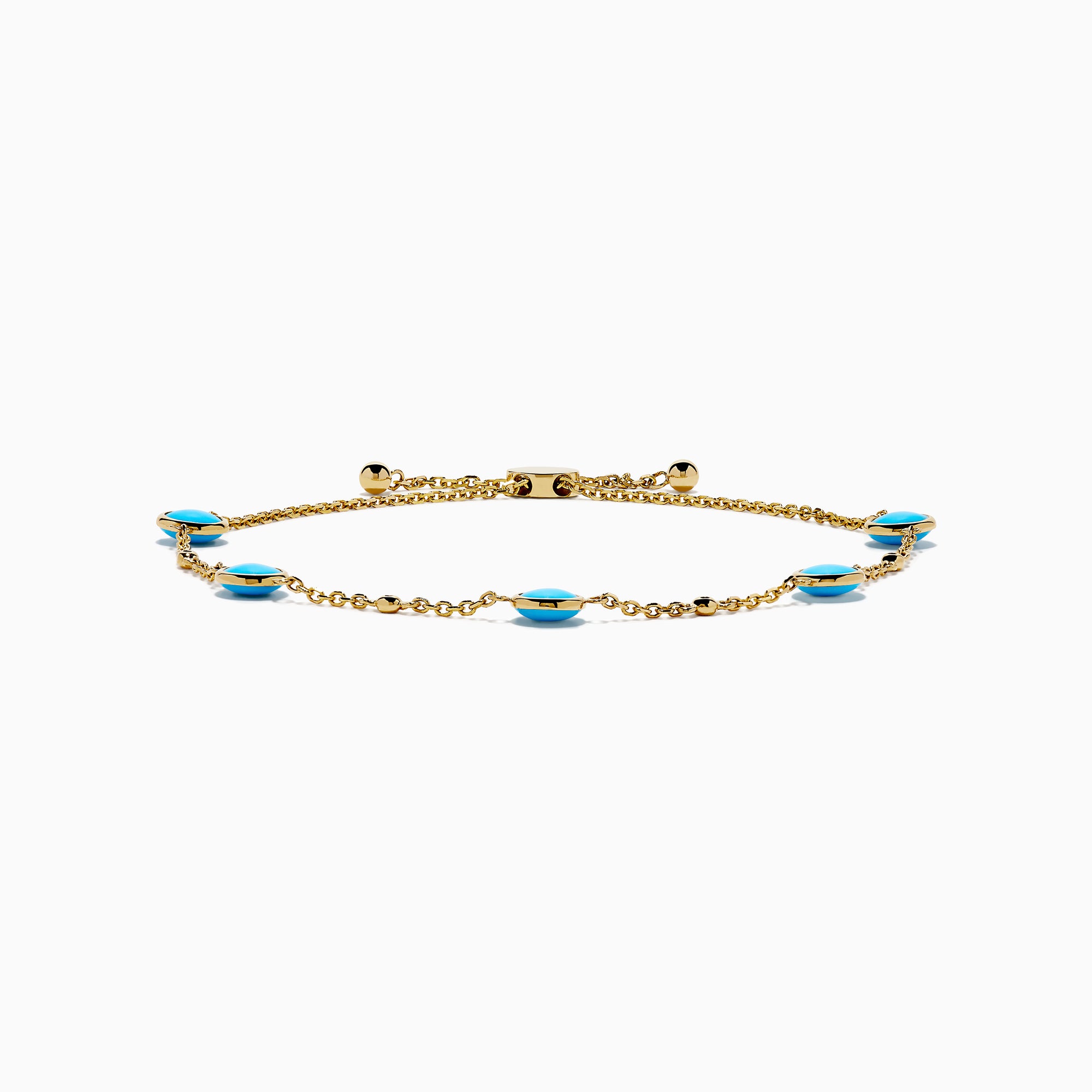 The 14K Yellow Gold Turquoise and Diamond Station Bolo Bracelet features evenly spaced round turquoise stones and sparkling diamonds, finished with an adjustable sliding clasp adorned with small gold beads.