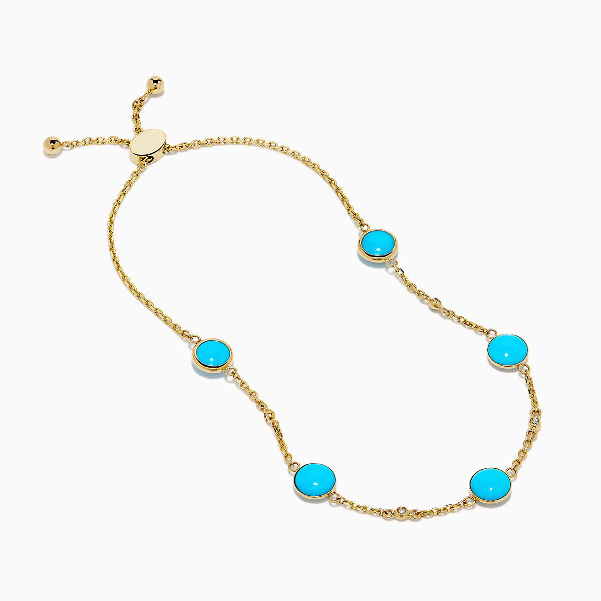 The 14K Yellow Gold Turquoise and Diamond Station Bolo Bracelet features evenly spaced round turquoise stones and sparkling diamonds, finished with an adjustable sliding clasp adorned with small gold beads.
