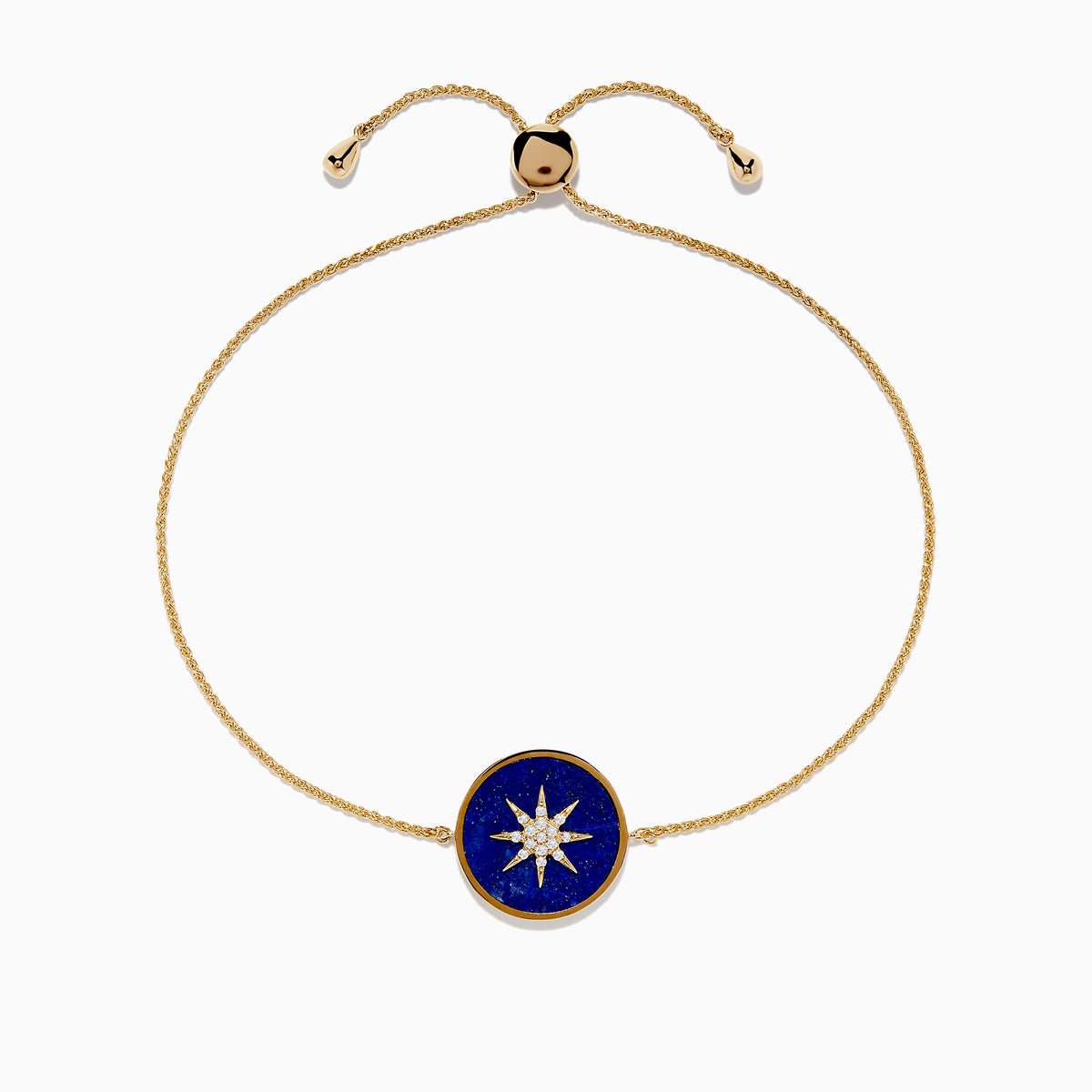 The 14K Yellow Gold Lapis and Diamond Compass Bolo Bracelet features an adjustable chain with a round lapis-inspired blue enamel center charm, adorned with a white starburst design and sparkling diamond accents.