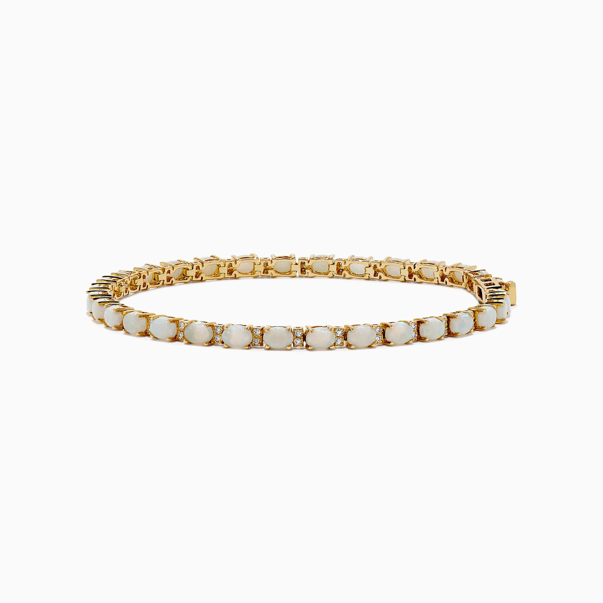 The 14K Yellow Gold Opal and Diamond Tennis Bracelet features a row of round white opals set in gold prongs, accented with diamonds, displayed on a white background.