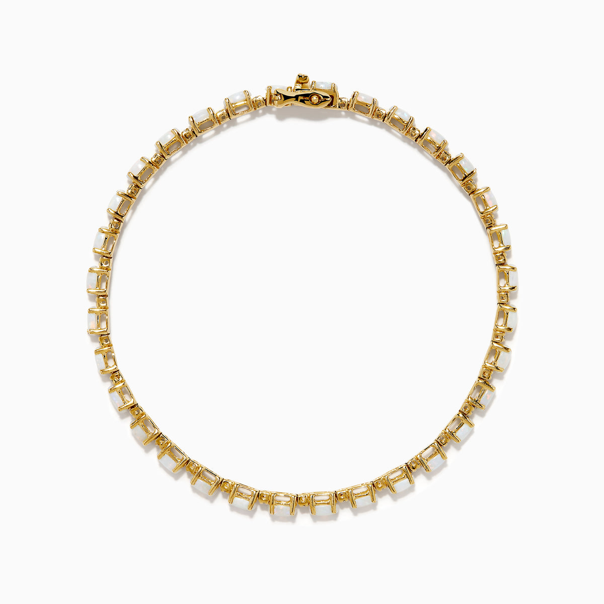 The 14K Yellow Gold Opal and Diamond Tennis Bracelet features a row of round white opals set in gold prongs, accented with diamonds, displayed on a white background.