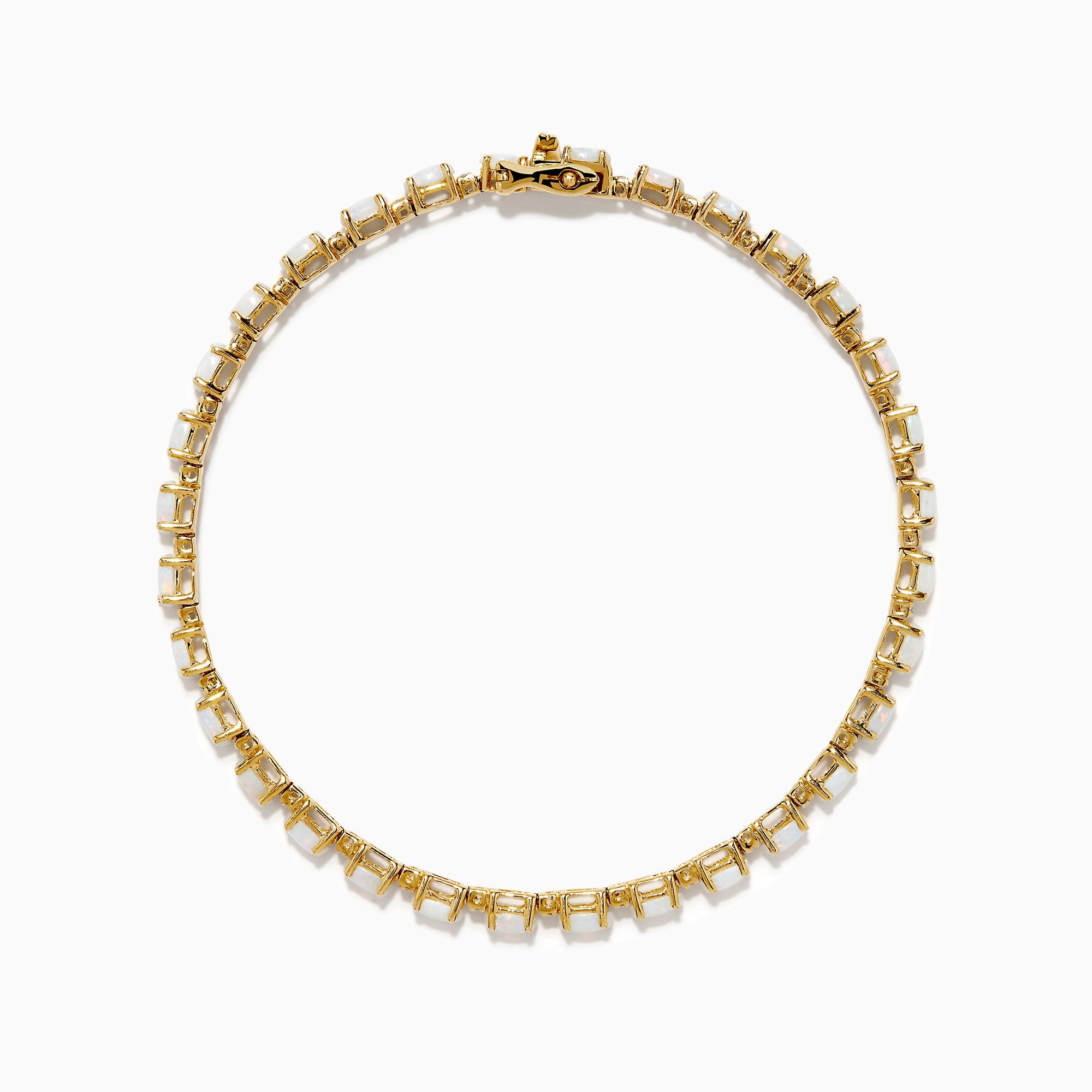 The 14K Yellow Gold Opal and Diamond Tennis Bracelet features a row of round white opals set in gold prongs, accented with diamonds, displayed on a white background.