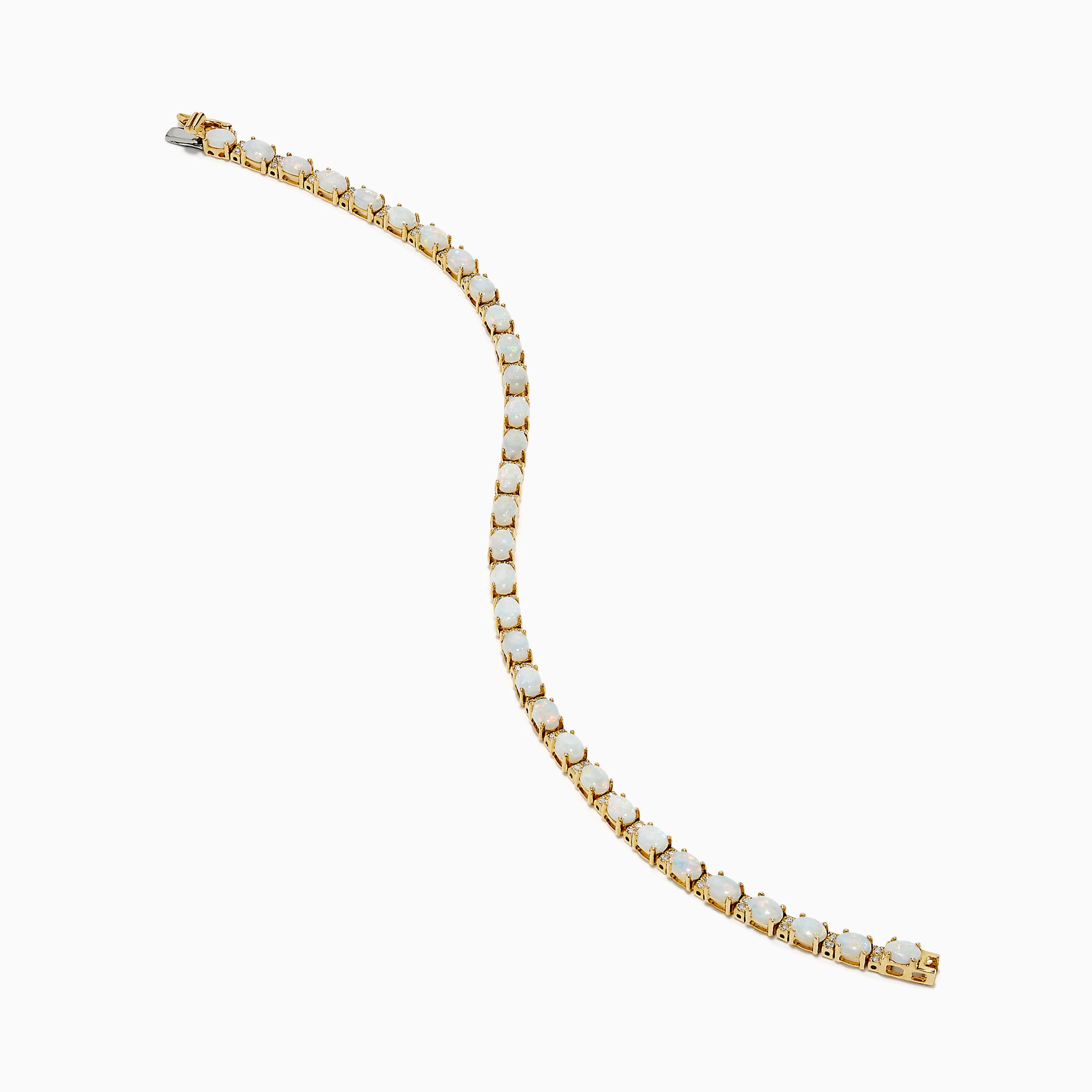 The 14K Yellow Gold Opal and Diamond Tennis Bracelet features a row of round white opals set in gold prongs, accented with diamonds, displayed on a white background.