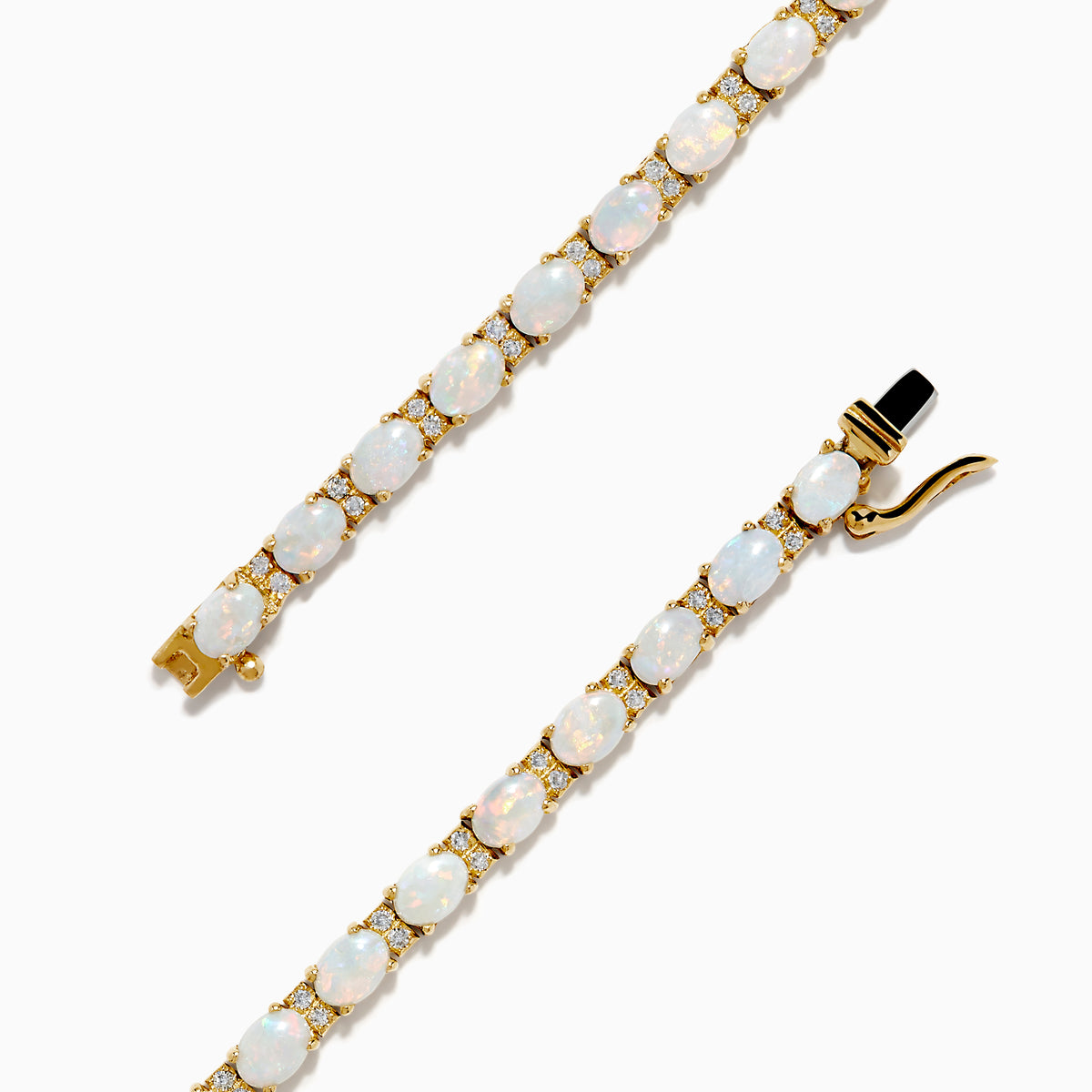 The 14K Yellow Gold Opal and Diamond Tennis Bracelet features a row of round white opals set in gold prongs, accented with diamonds, displayed on a white background.