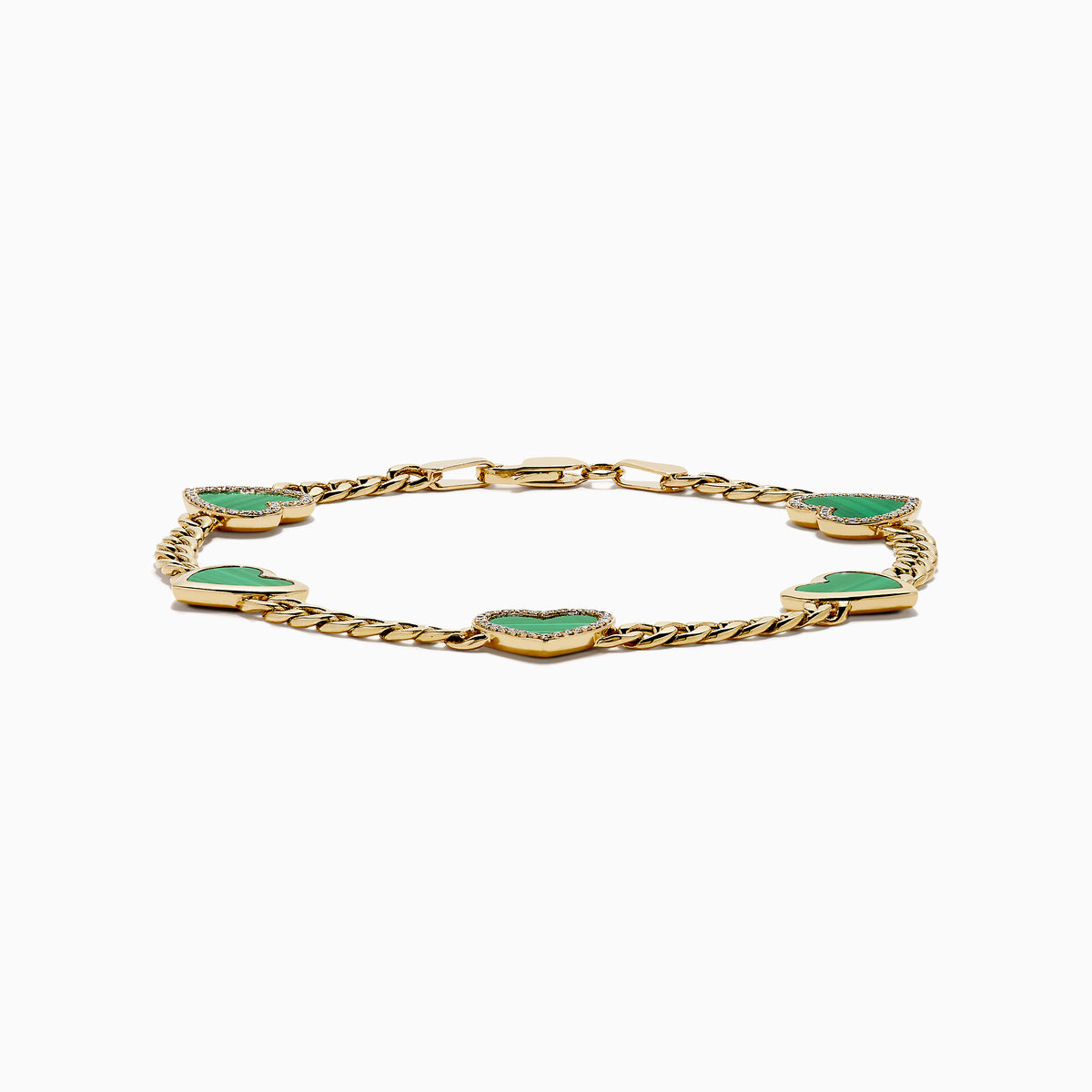 The 14K Yellow Gold Malachite and Diamond 5 Motif Heart Bracelet features five green malachite heart charms, each bordered by diamond-accented stones, evenly spaced along a yellow gold chain with a secure clasp.