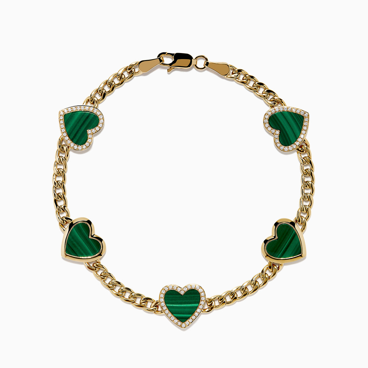The 14K Yellow Gold Malachite and Diamond 5 Motif Heart Bracelet features five green malachite heart charms, each bordered by diamond-accented stones, evenly spaced along a yellow gold chain with a secure clasp.