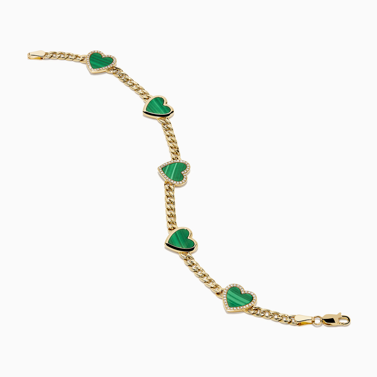 The 14K Yellow Gold Malachite and Diamond 5 Motif Heart Bracelet features five green malachite heart charms, each bordered by diamond-accented stones, evenly spaced along a yellow gold chain with a secure clasp.