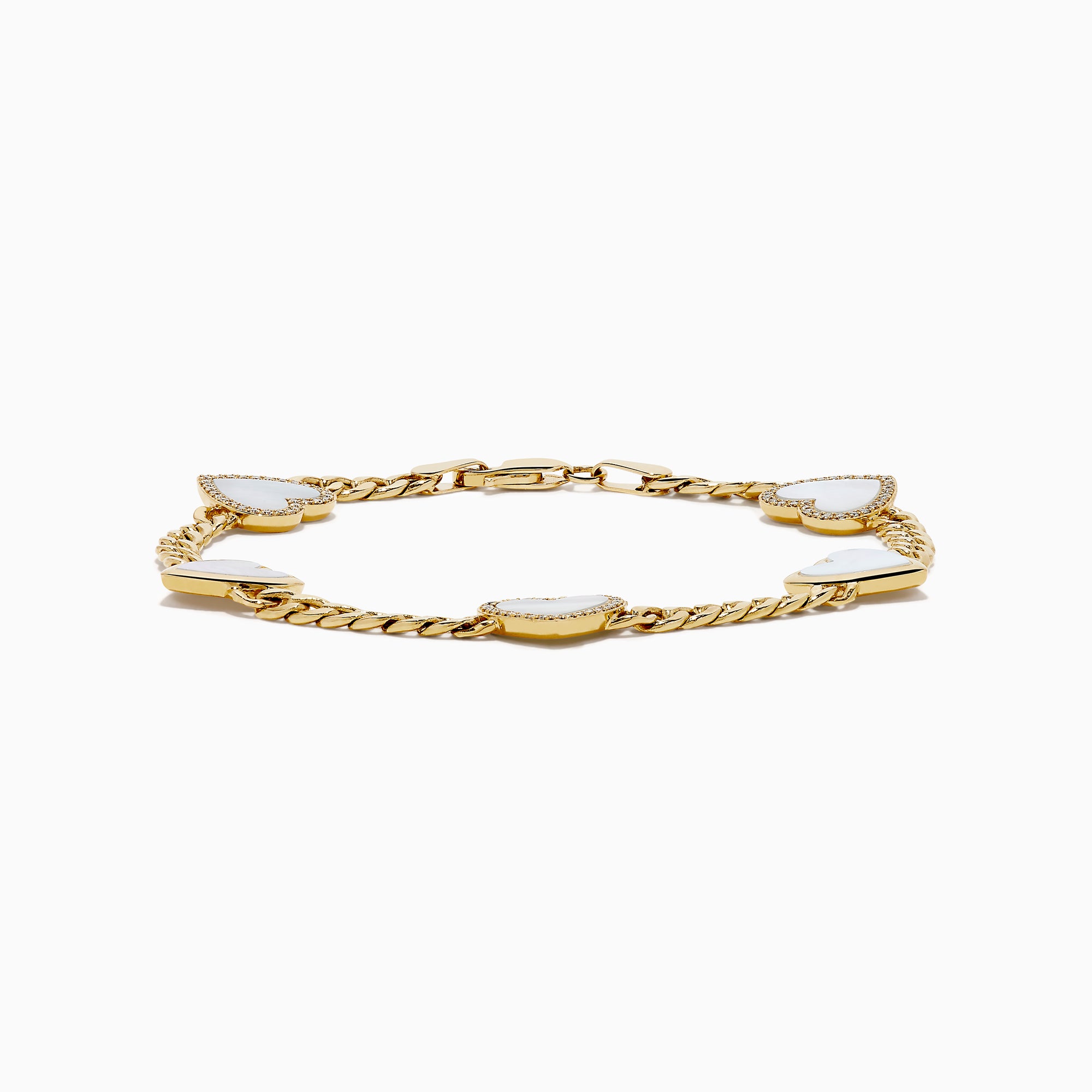 The 14K Yellow Gold Mother of Pearl and Diamond Heart Chain-link Station Bracelet features five white heart-shaped charms bordered with sparkling stones, evenly spaced along a gold chain.