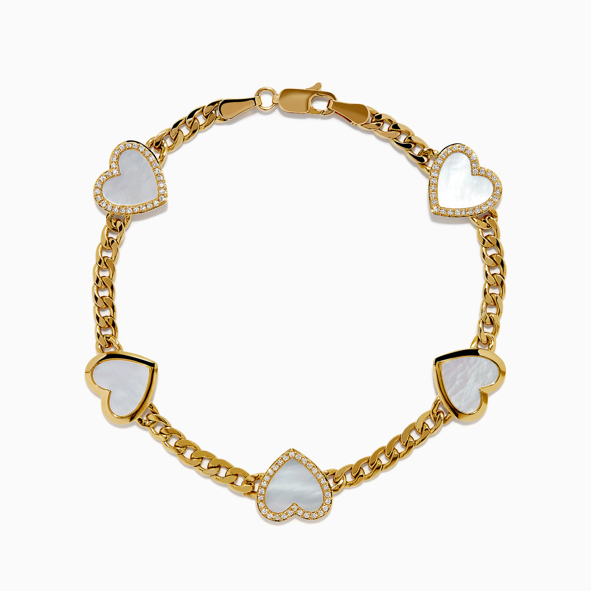 The 14K Yellow Gold Mother of Pearl and Diamond Heart Chain-link Station Bracelet features five white heart-shaped charms bordered with sparkling stones, evenly spaced along a gold chain.