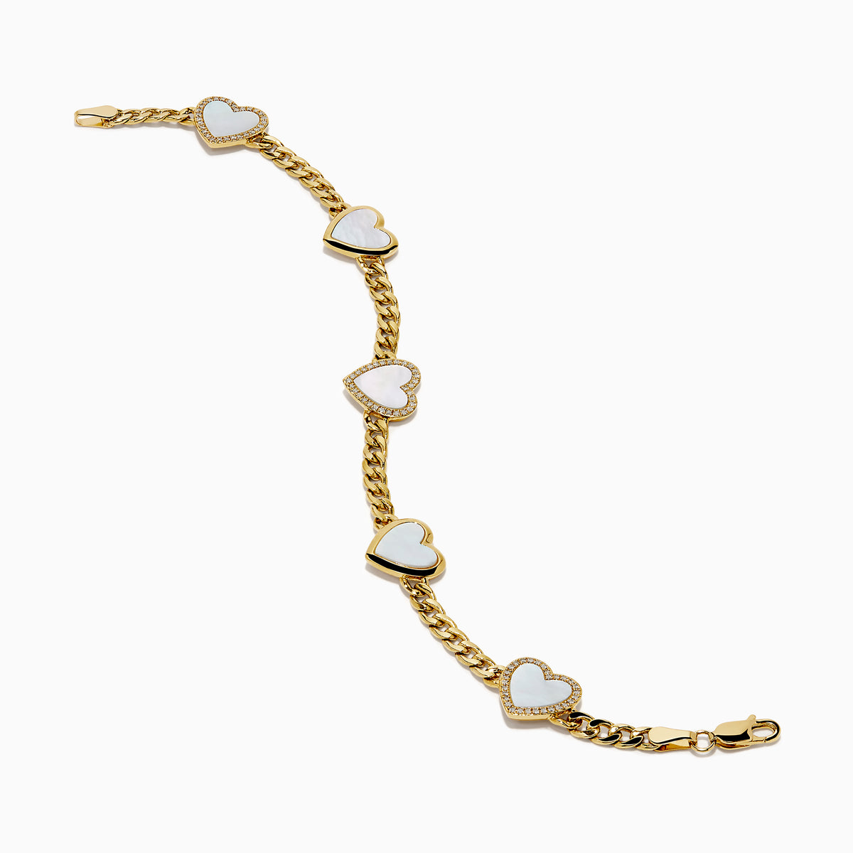 The 14K Yellow Gold Mother of Pearl and Diamond Heart Chain-link Station Bracelet features five white heart-shaped charms bordered with sparkling stones, evenly spaced along a gold chain.