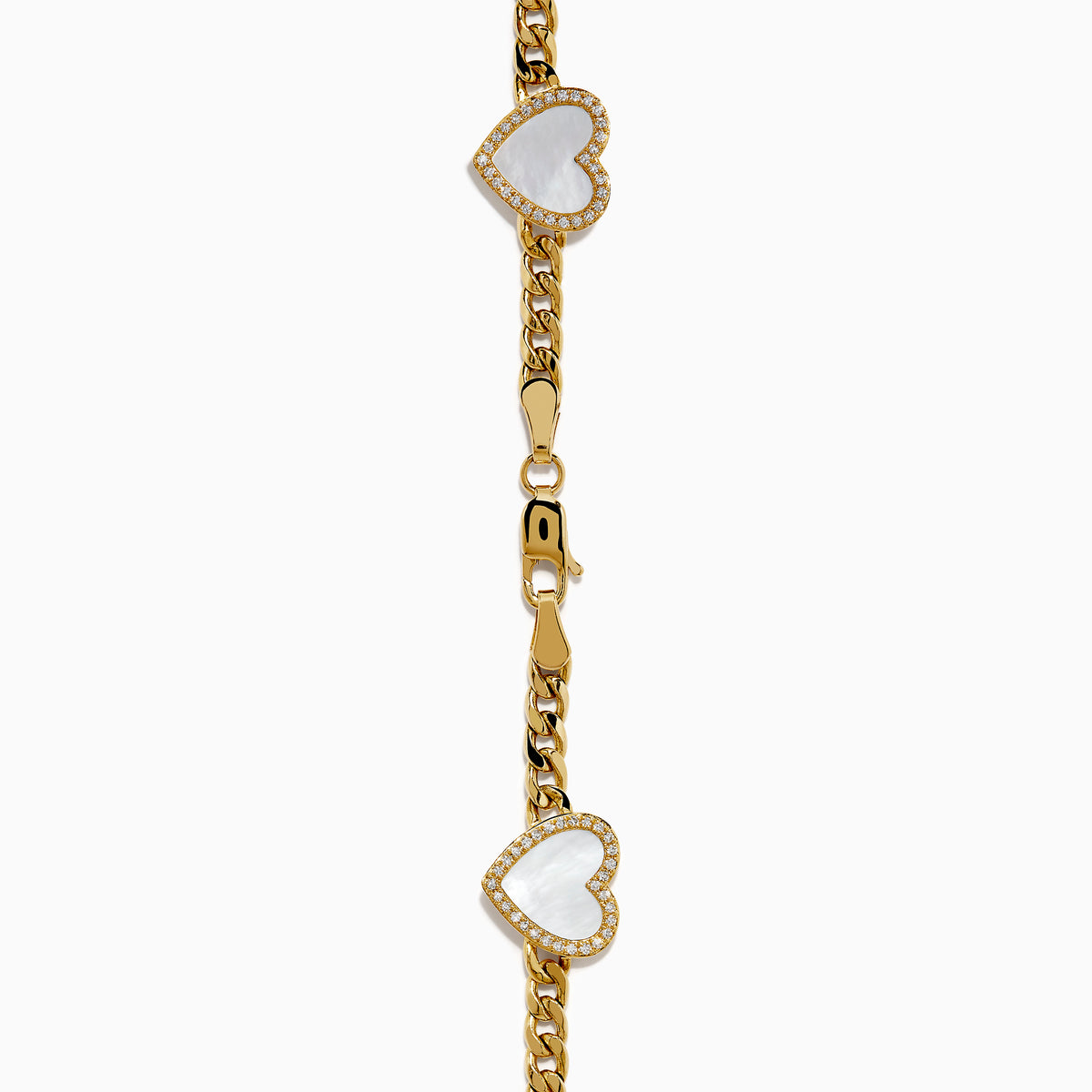 The 14K Yellow Gold Mother of Pearl and Diamond Heart Chain-link Station Bracelet features five white heart-shaped charms bordered with sparkling stones, evenly spaced along a gold chain.