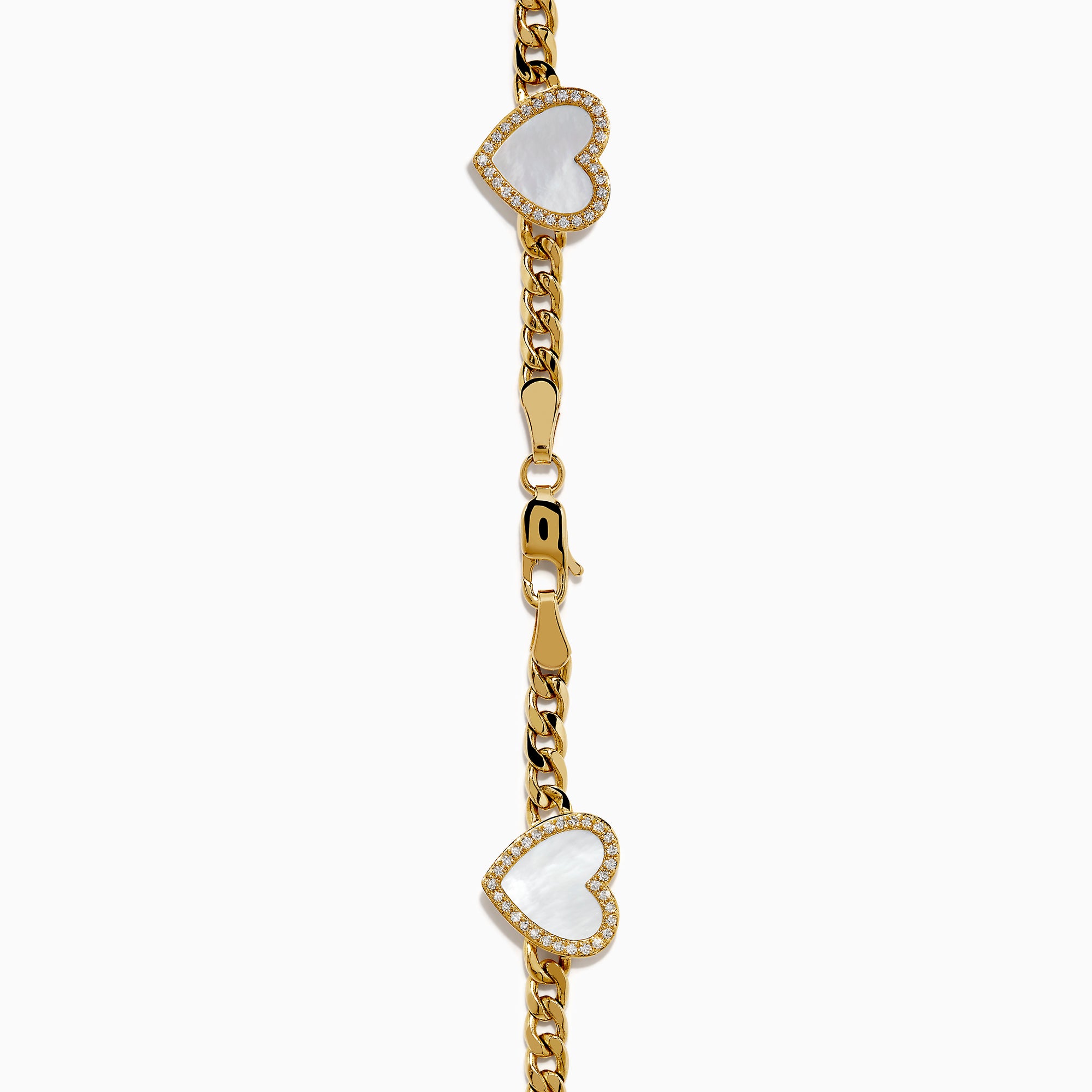 The 14K Yellow Gold Mother of Pearl and Diamond Heart Chain-link Station Bracelet features five white heart-shaped charms bordered with sparkling stones, evenly spaced along a gold chain.