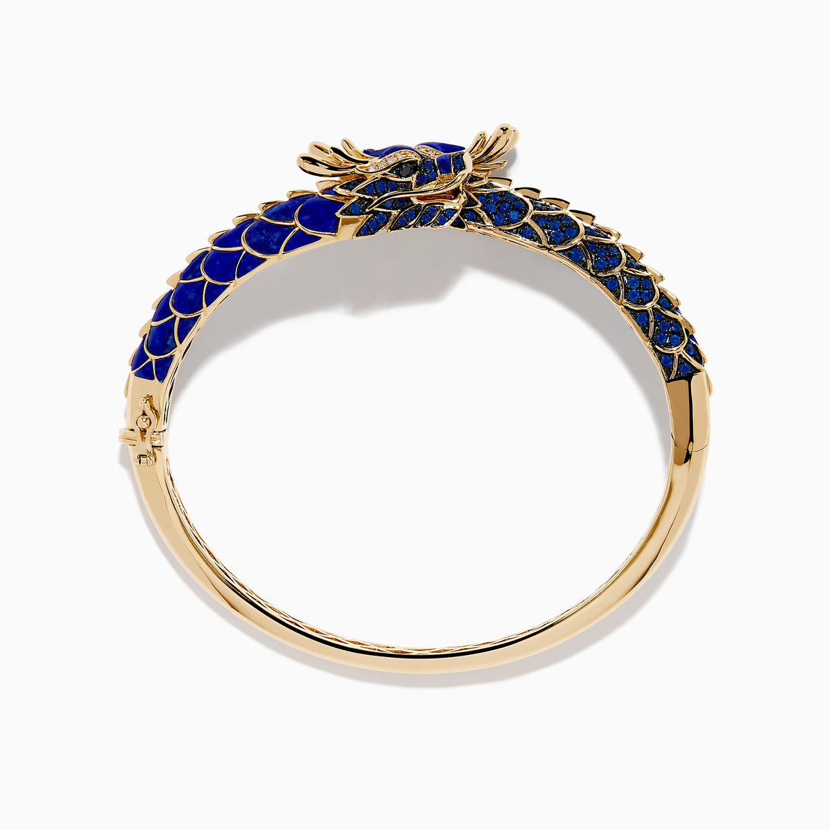The 14K Yellow Gold Lapis, Blue Sapphire and Diamond Dragon Bangle features two dragon heads facing each other, with a blue enamel scale-inspired band, intricate gold details, and blue sapphire accents.