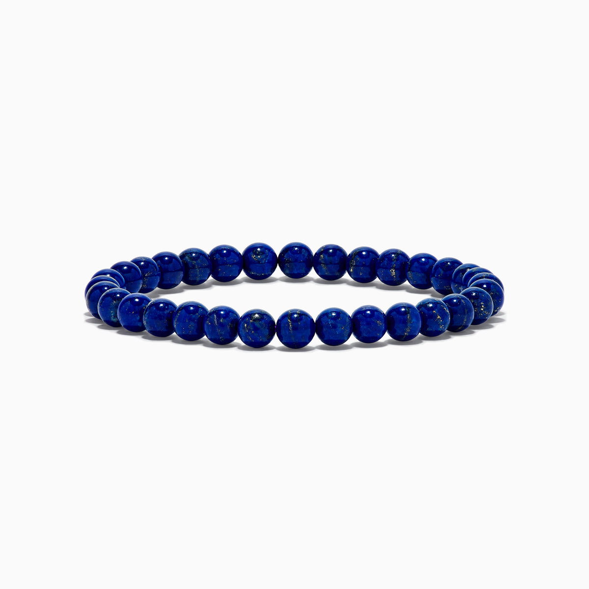 The Men's Lapis Lazuli Beaded Bracelet features polished round blue beads with subtle gold flecks, elegantly displayed on a white background.