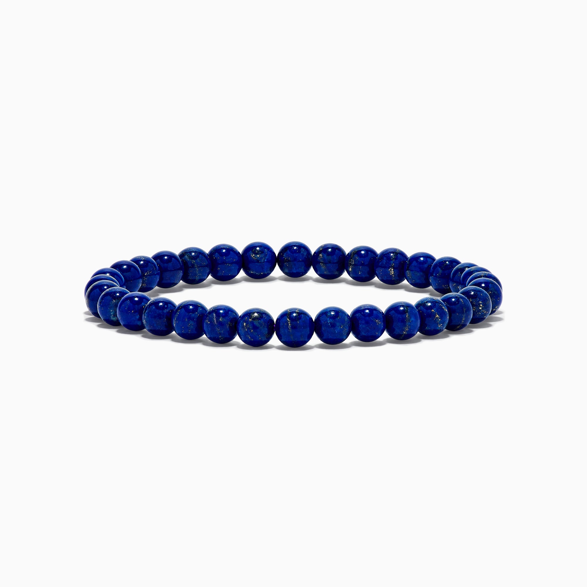 The Men's Lapis Lazuli Beaded Bracelet features polished round blue beads with subtle gold flecks, elegantly displayed on a white background.