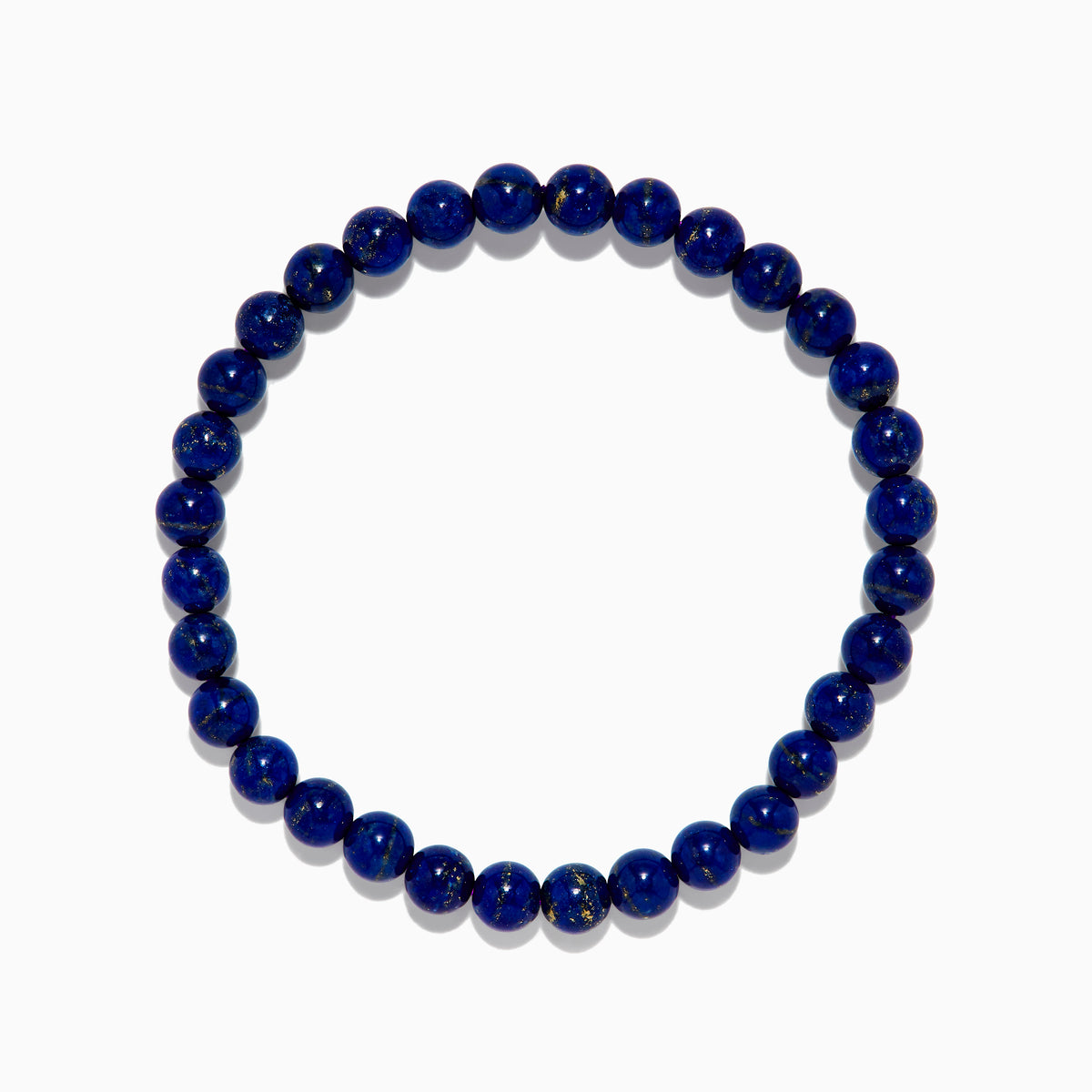 The Men's Lapis Lazuli Beaded Bracelet features polished round blue beads with subtle gold flecks, elegantly displayed on a white background.