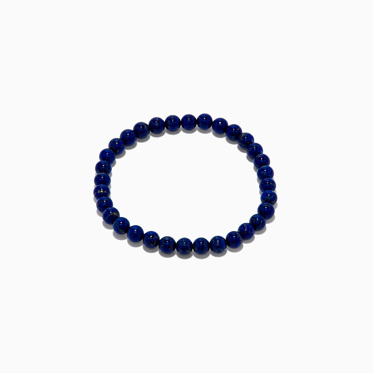 The Men's Lapis Lazuli Beaded Bracelet features polished round blue beads with subtle gold flecks, elegantly displayed on a white background.