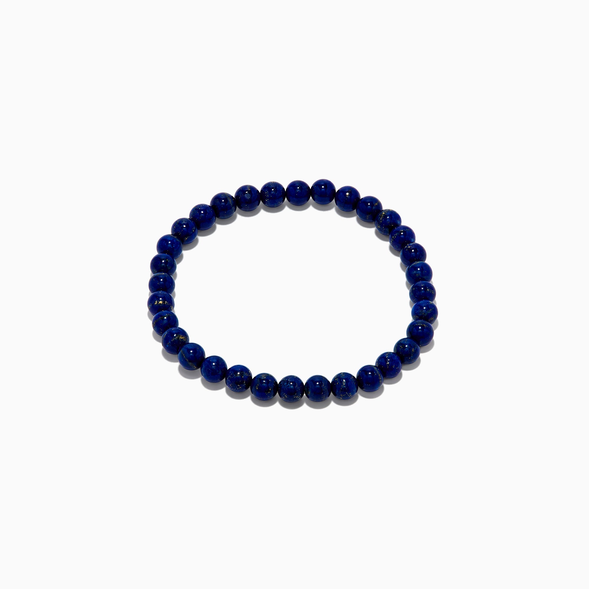 The Men's Lapis Lazuli Beaded Bracelet features polished round blue beads with subtle gold flecks, elegantly displayed on a white background.
