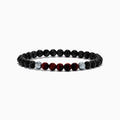 The Men's Meteorite and Tiger's Eye Beaded Bracelet features mainly black beads, five dark red tiger's eye beads at the center, flanked by two silver meteorite beads, strung on elastic and displayed against a white background.