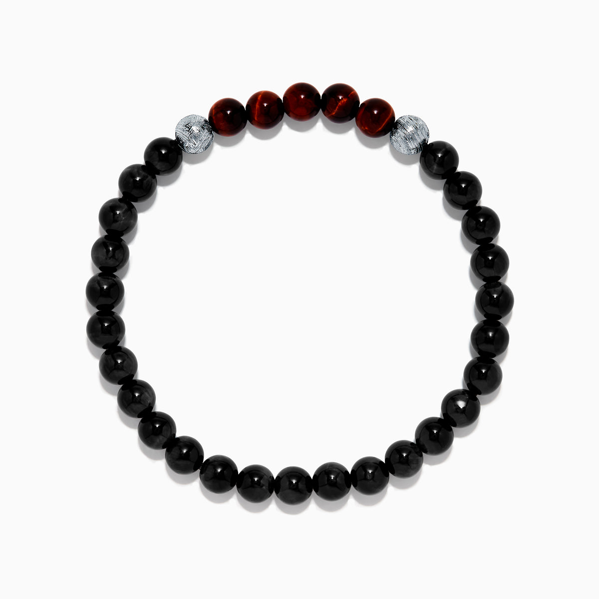 The Men's Meteorite and Tiger's Eye Beaded Bracelet features mainly black beads, five dark red tiger's eye beads at the center, flanked by two silver meteorite beads, strung on elastic and displayed against a white background.