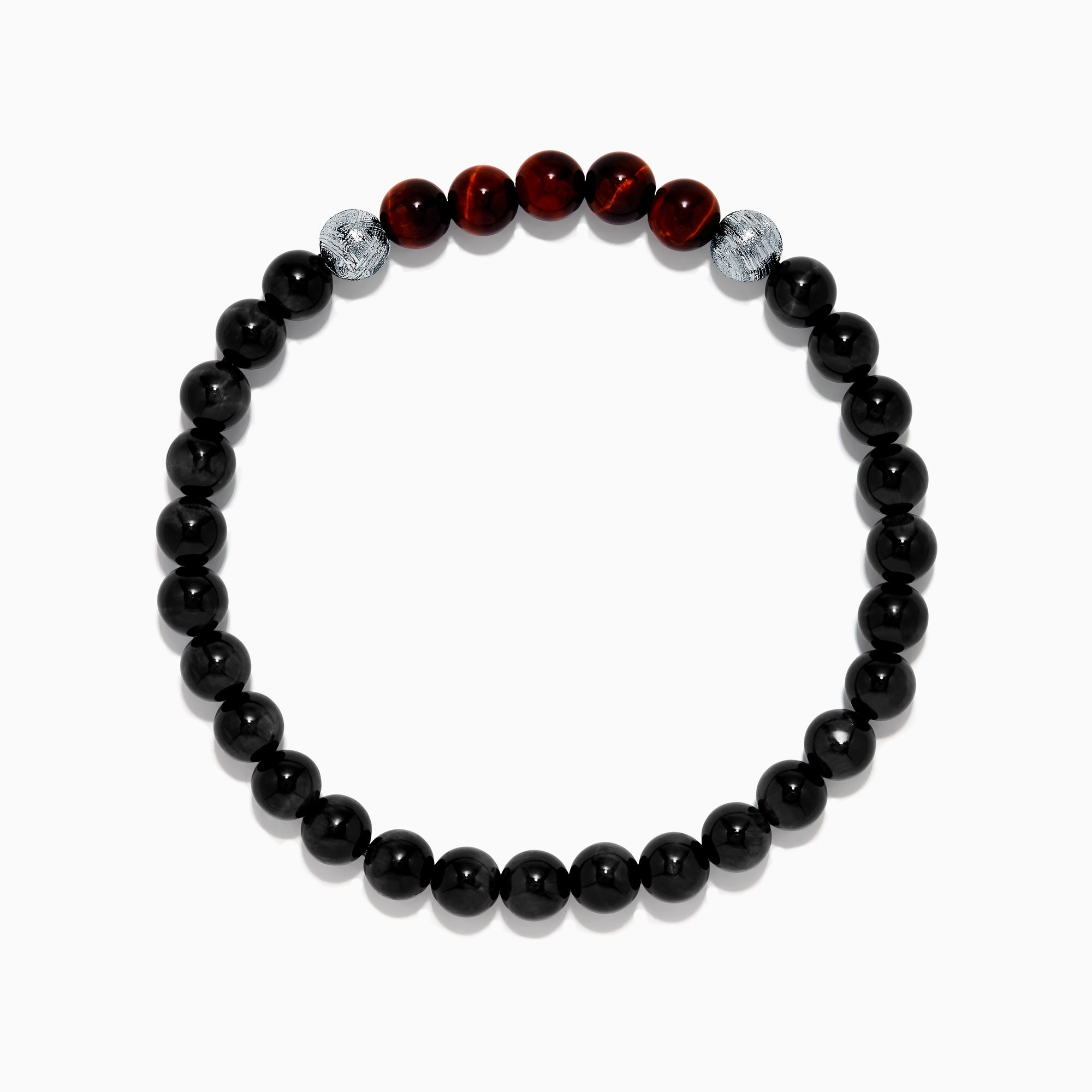 The Men's Meteorite and Tiger's Eye Beaded Bracelet features mainly black beads, five dark red tiger's eye beads at the center, flanked by two silver meteorite beads, strung on elastic and displayed against a white background.
